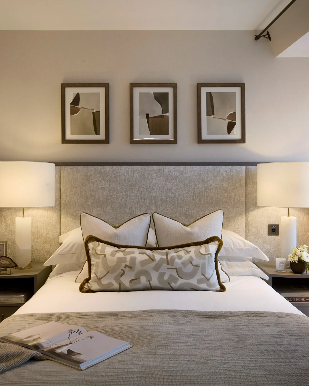 4. Classic Hotel Style in Greige and Warm Linen (Expensive Looking Bedroom Ideas)