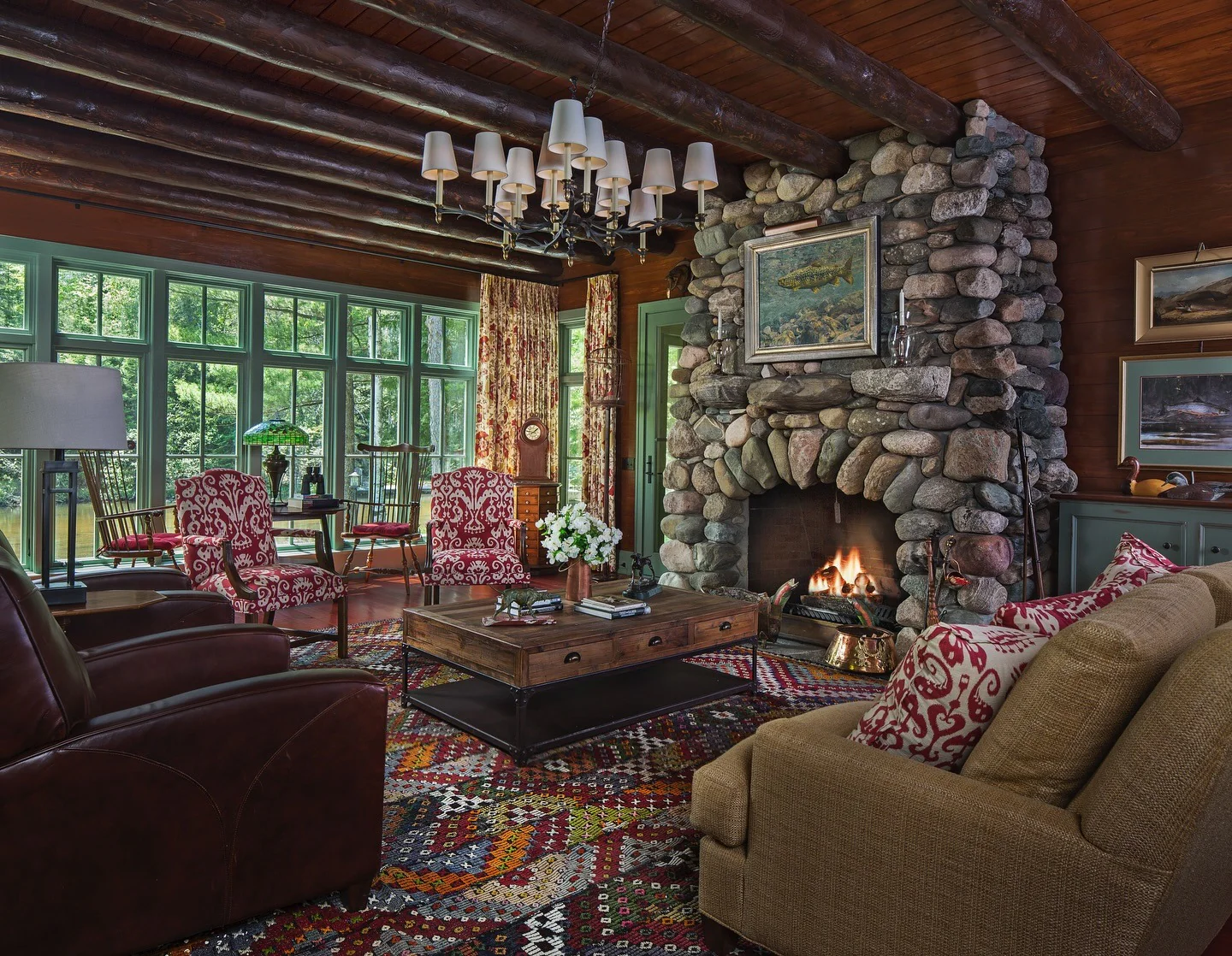 12. Classic Lodge Living Room in Deep Green and Rich Brown (Rustic Living Room Design Ideas)