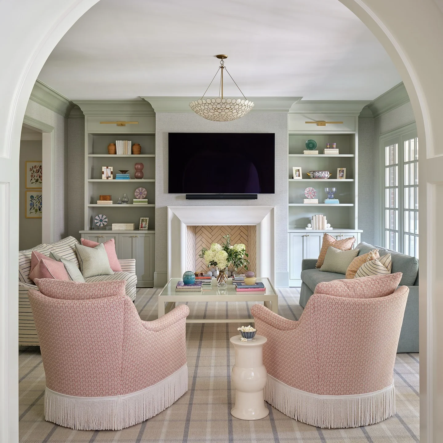 12. Elegant Archway Lounge in Soft Green and Blush (Lounge Living Room Ideas)