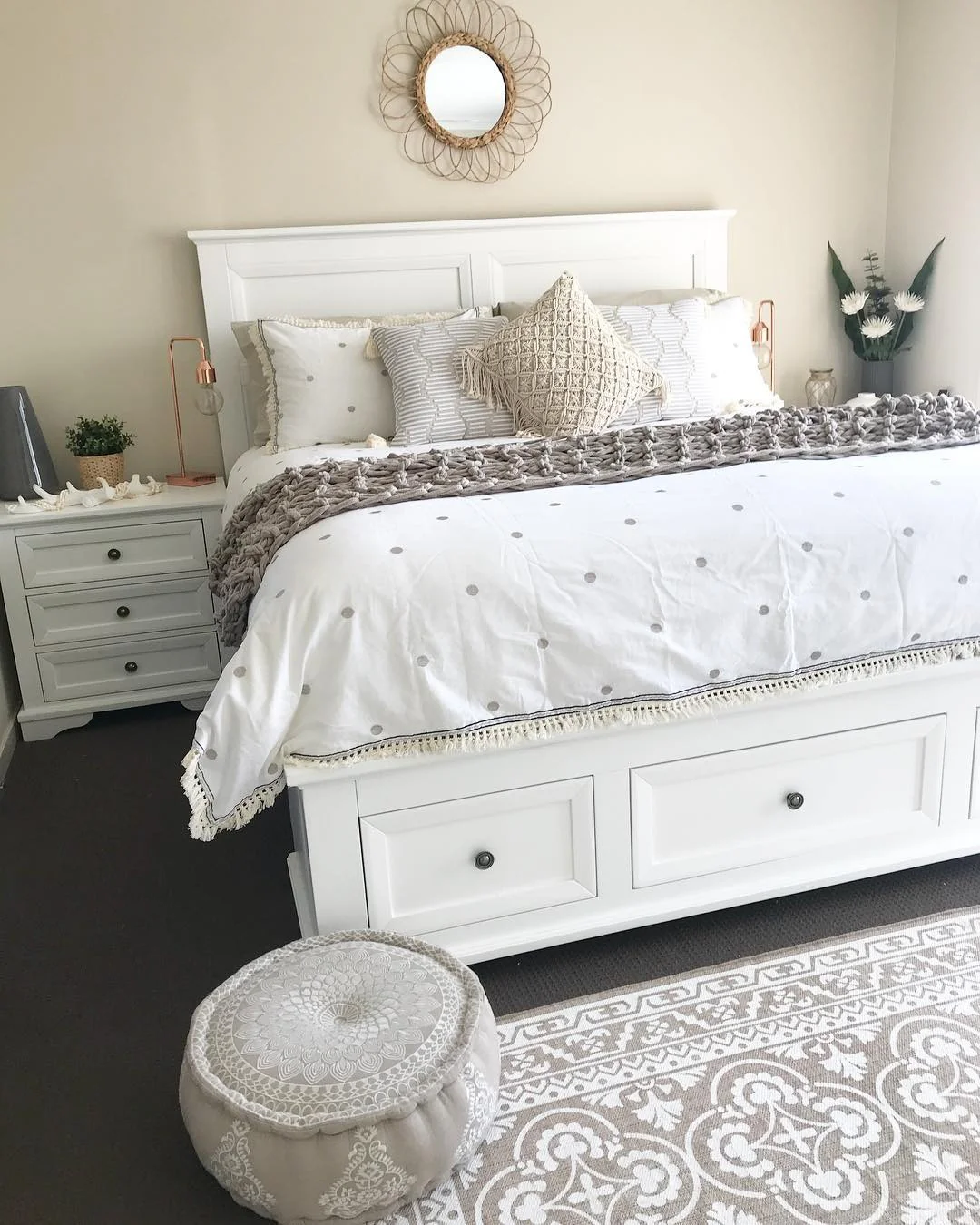 8. White Storage Bed with Textured Neutrals and Soft Patterns (White Furniture Bedroom Ideas)