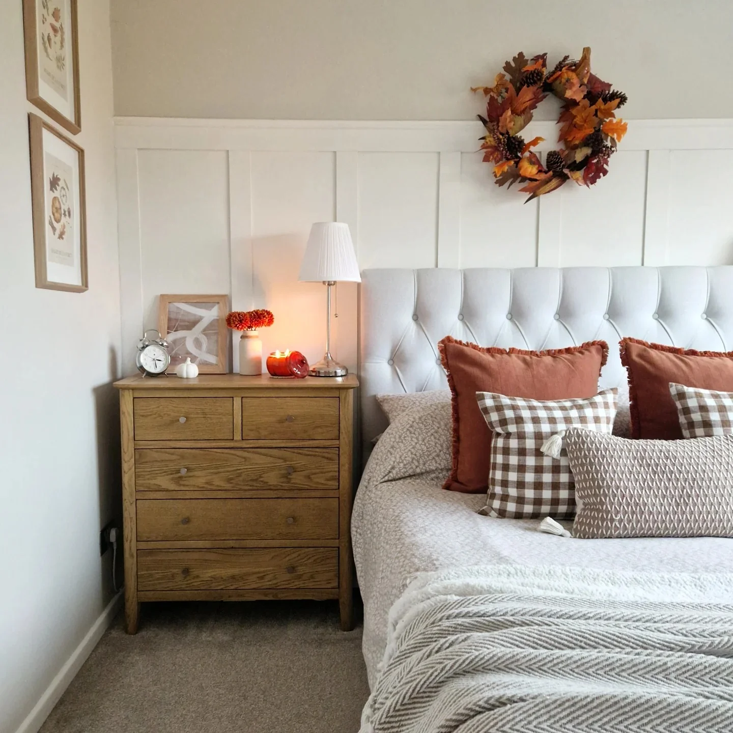 10. White Upholstered Bed with Seasonal Warm Neutral Styling (White Furniture Bedroom Ideas)
