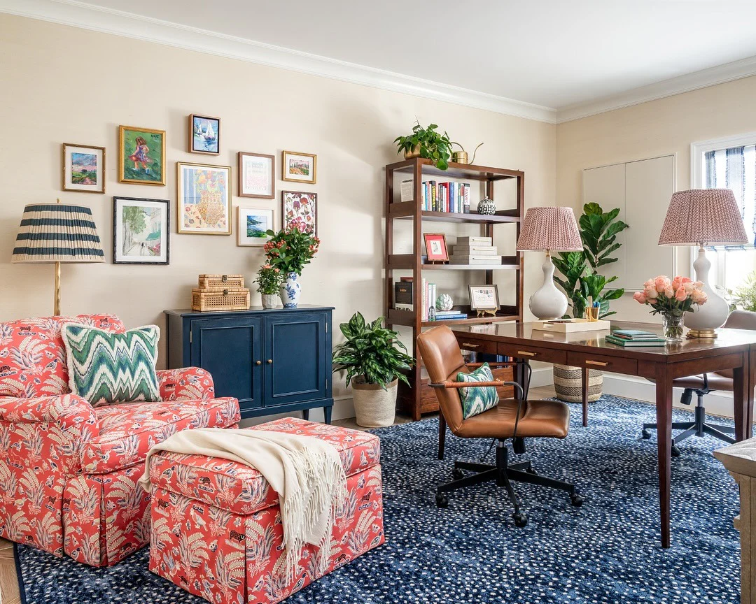 7. Layered Classic Office with Red and Blue Accents (Colorful Office Ideas)