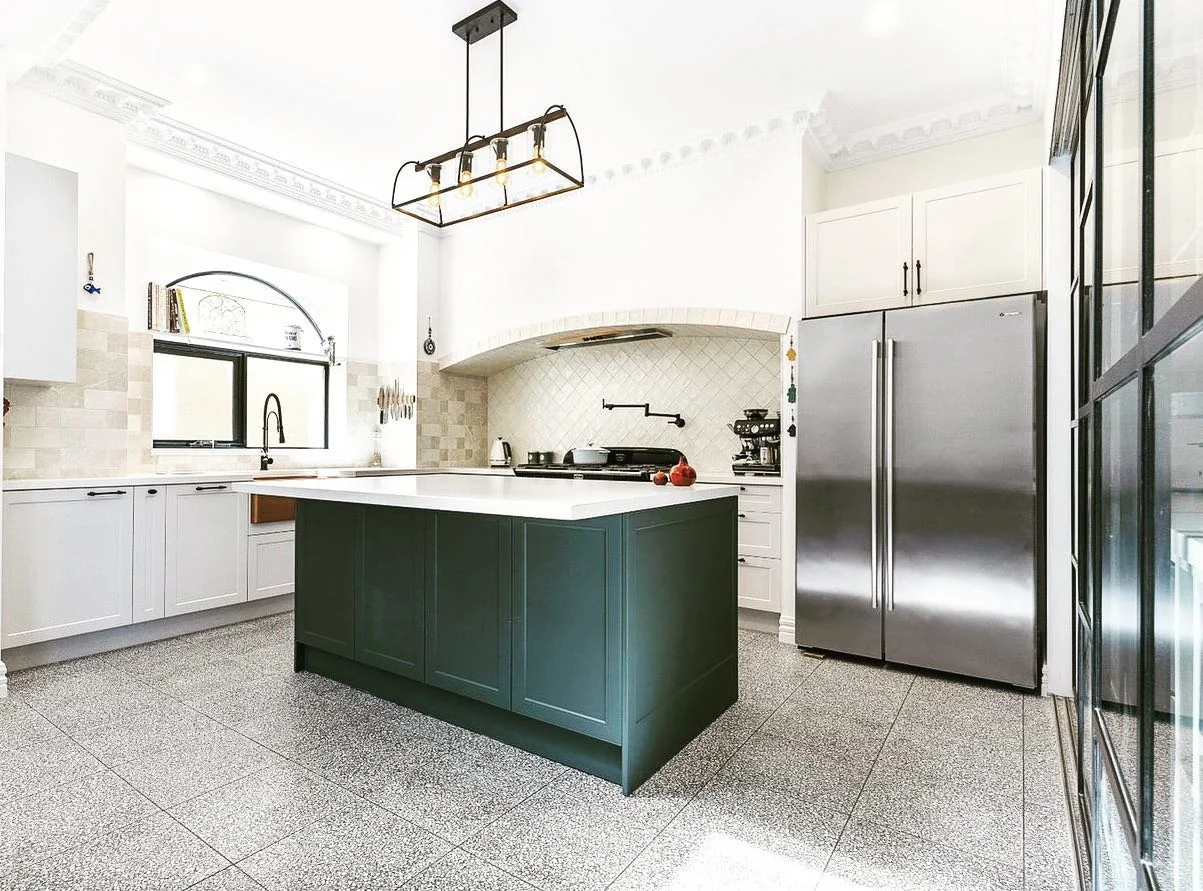 2. Spanish Revival Kitchen with Green Island Accent (Spanish Style Kitchen Ideas)