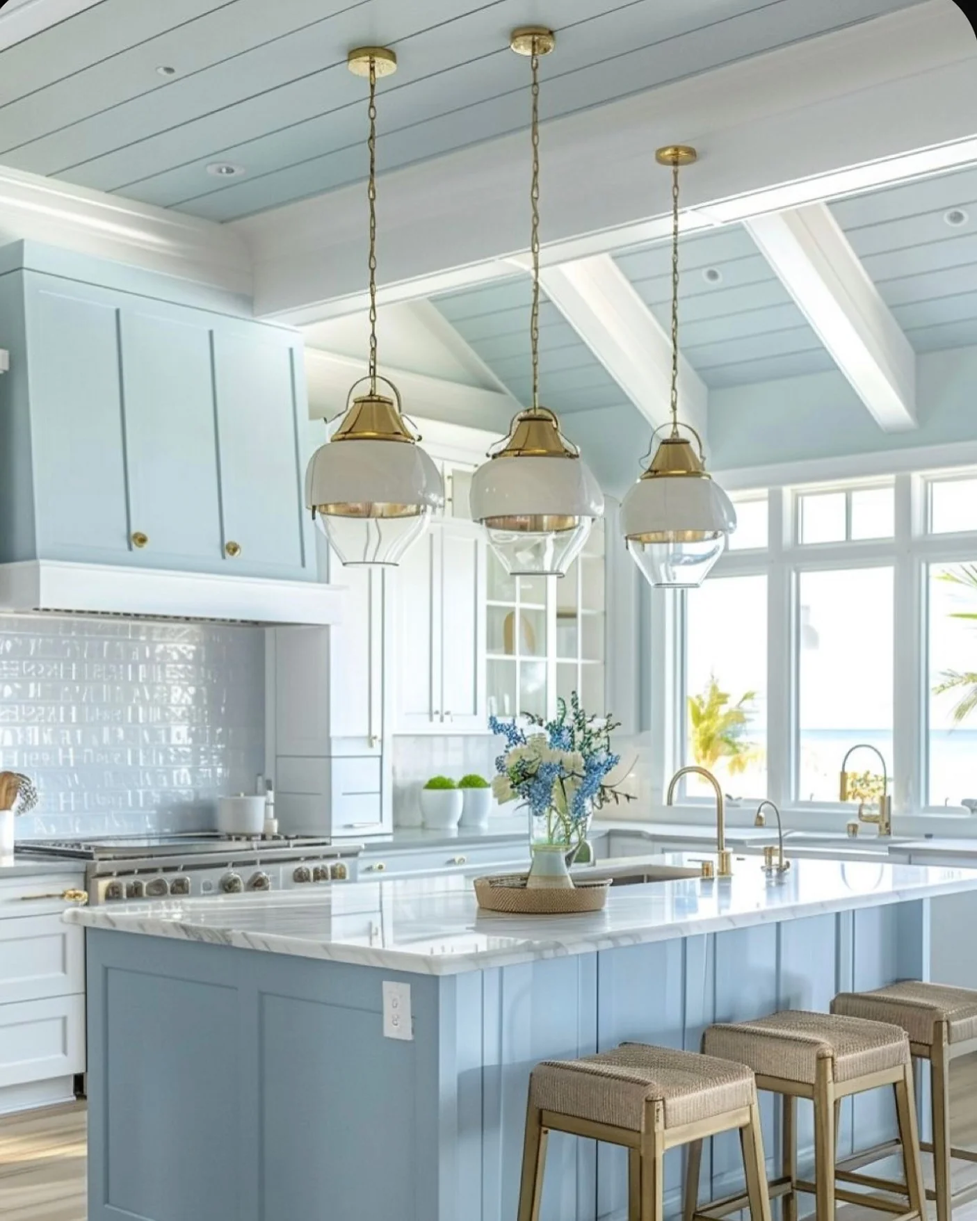 5. Light Blue Coastal Kitchen with Brass Details (Beachy Kitchen Ideas)