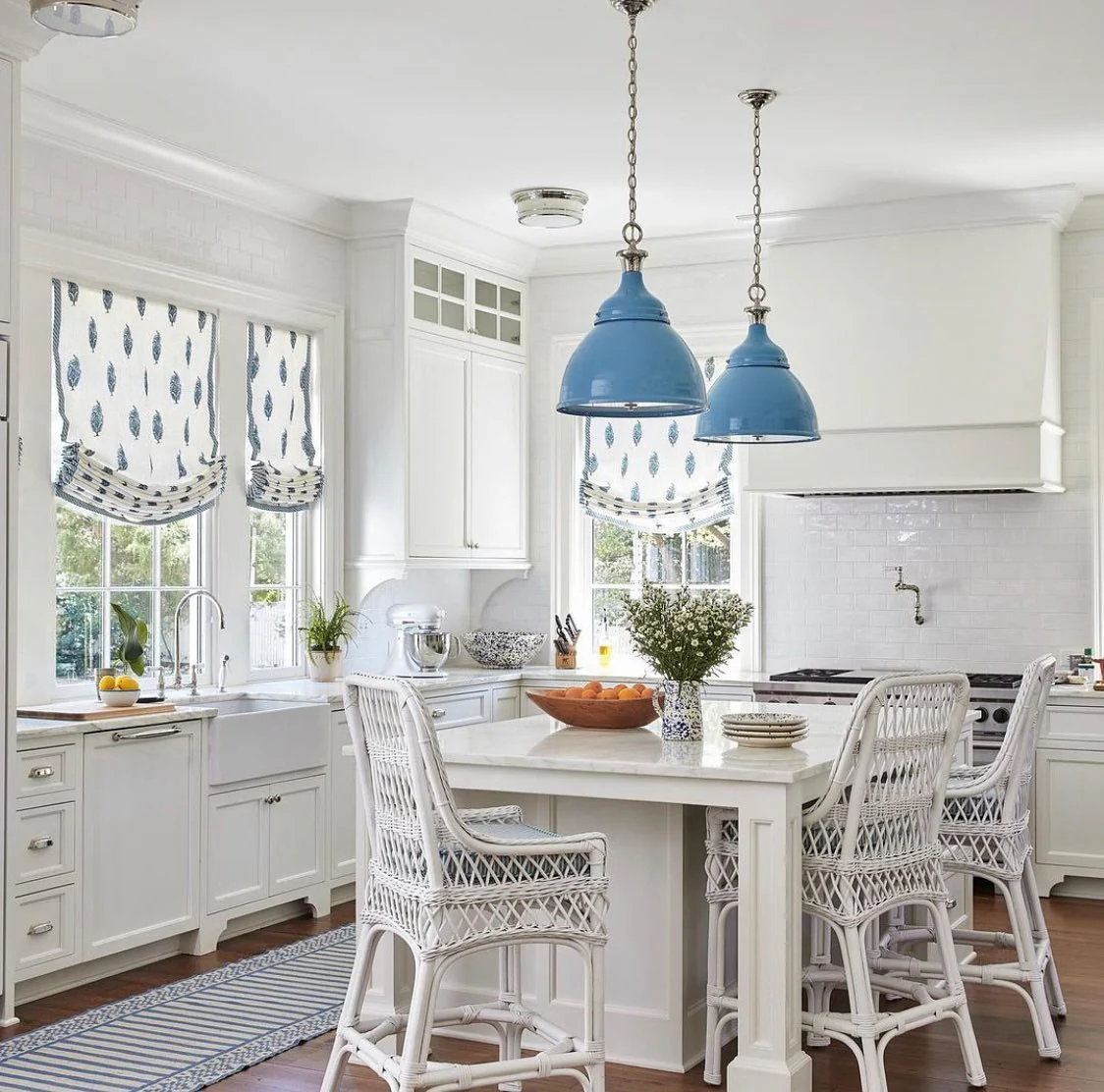 10. Soft Gray and Blue Coastal Kitchen with Woven Seating (Beachy Kitchen Ideas)