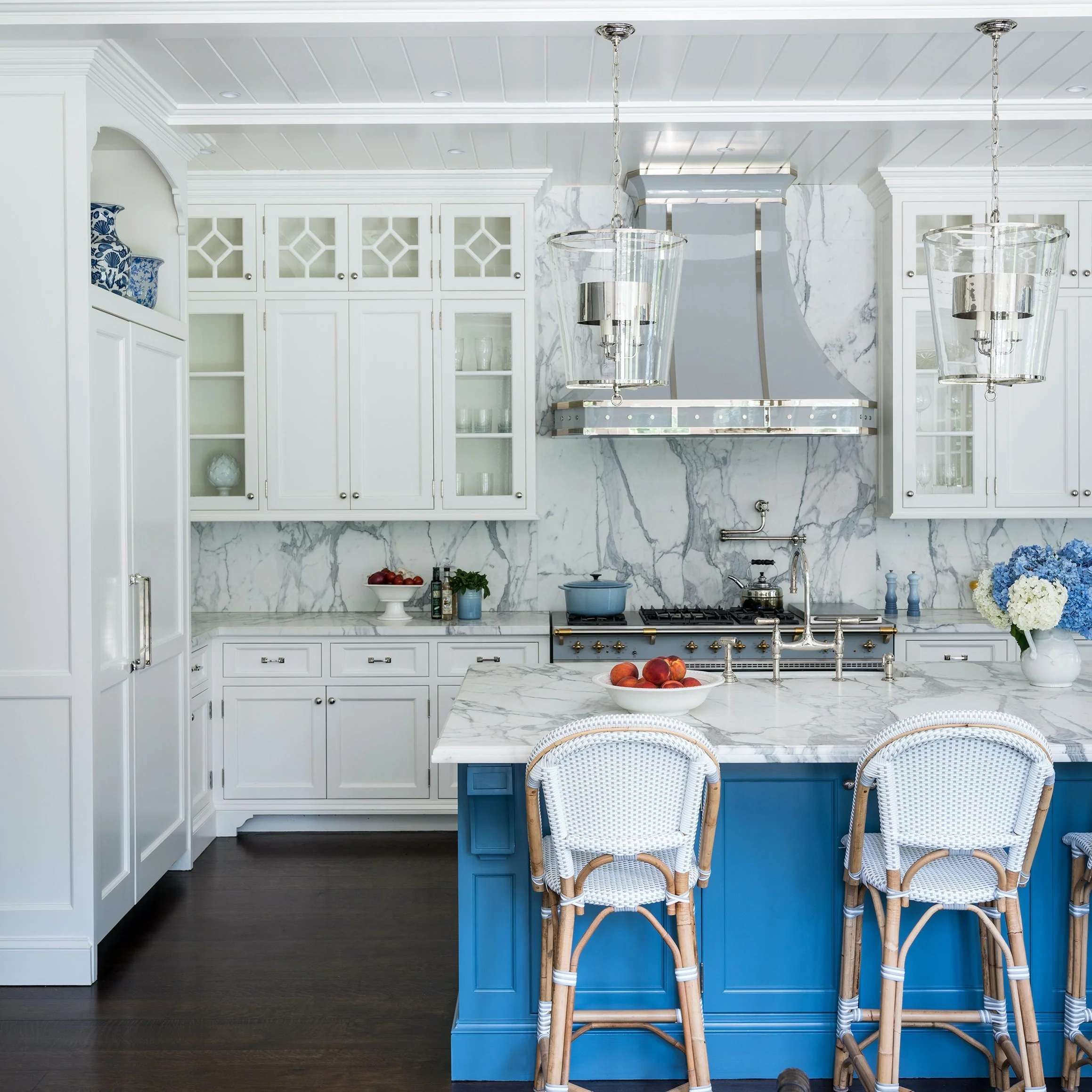 13. Classic Coastal Kitchen with Blue Island and White Marble (Beachy Kitchen Ideas)