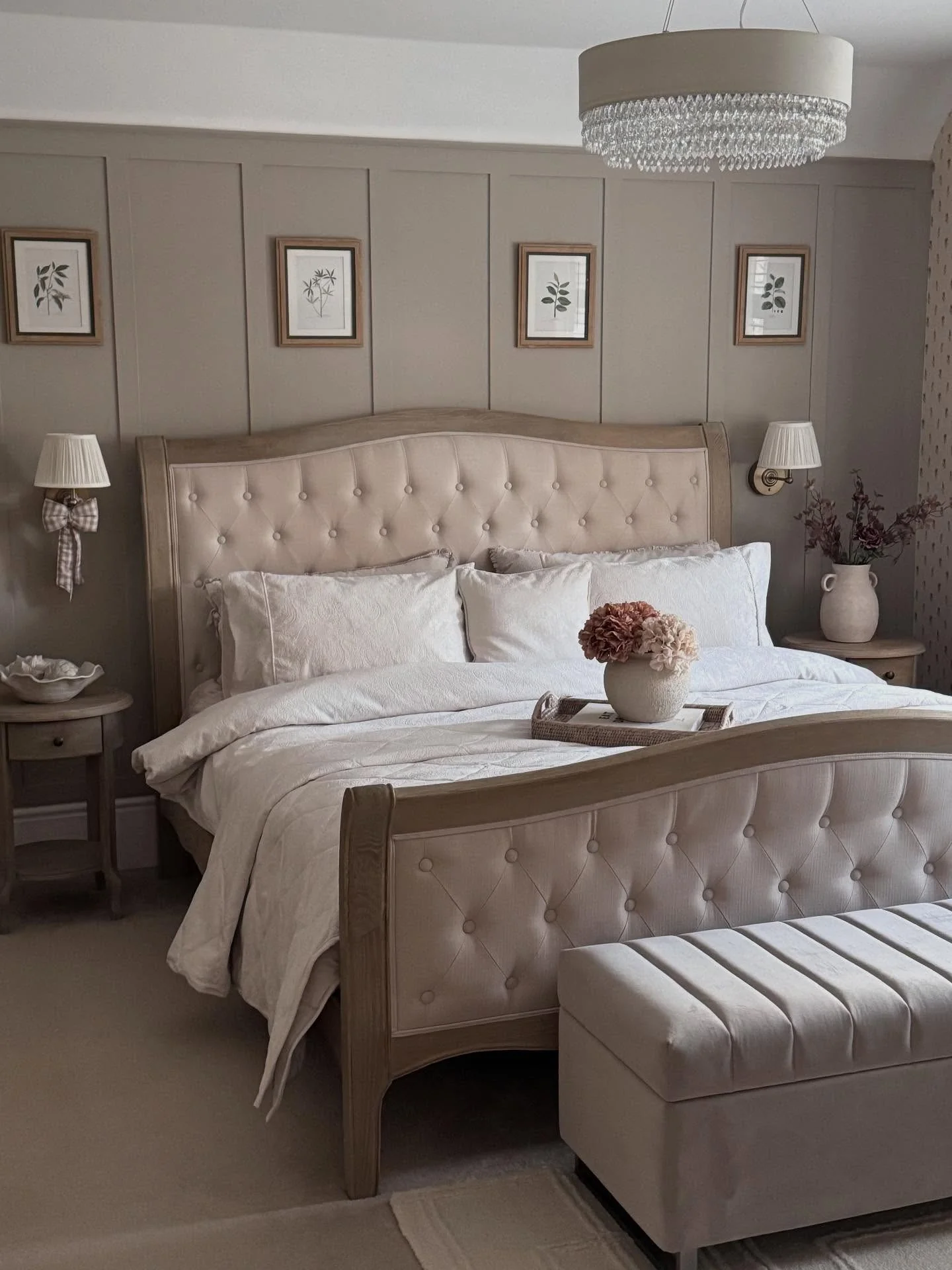 4. Taupe Panel Accent with Traditional Charm (Accent Wall in Bedroom Ideas)