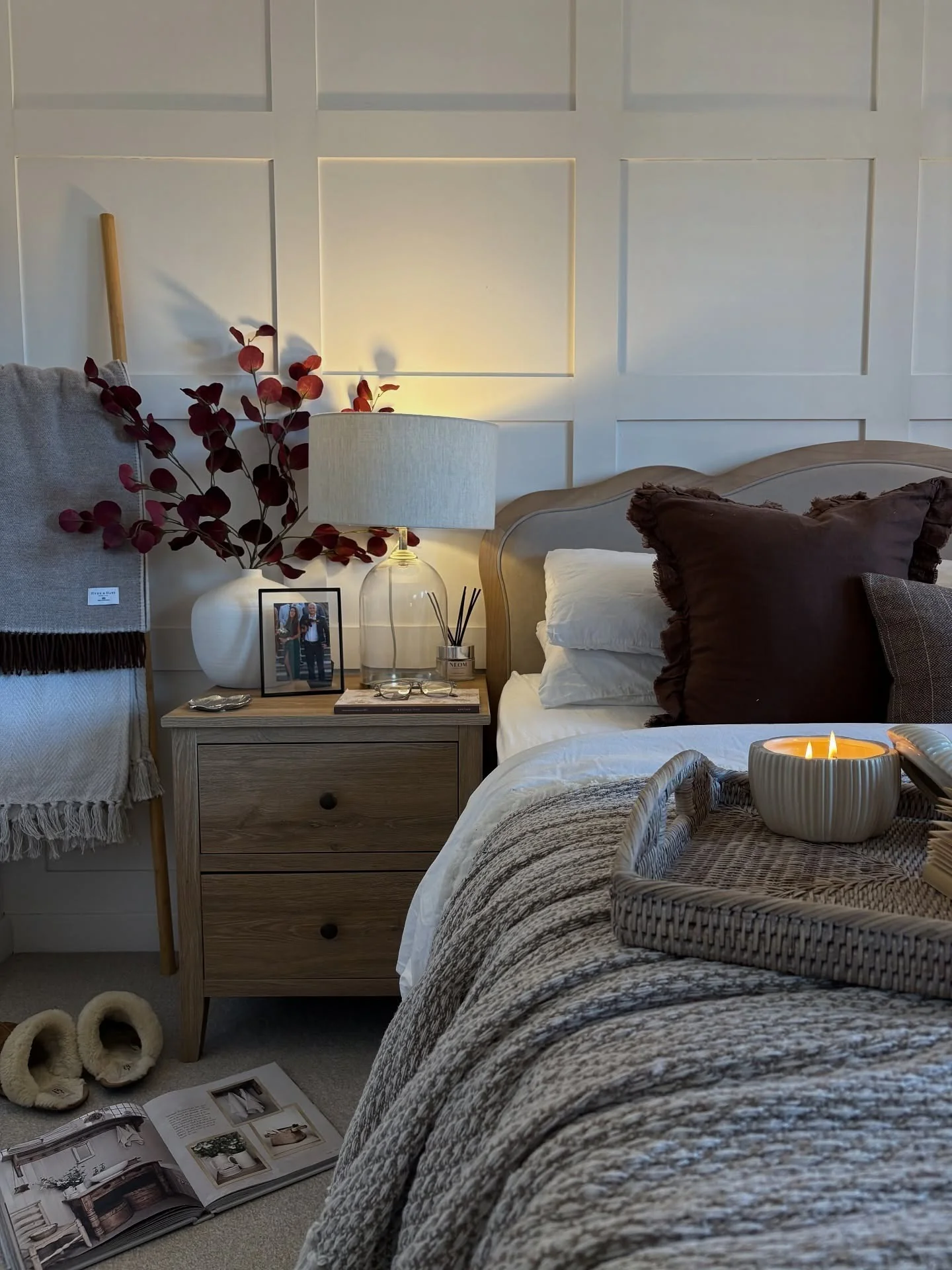 11. Soft White Panel Accent with Cozy Neutrals (Accent Wall in Bedroom Ideas)