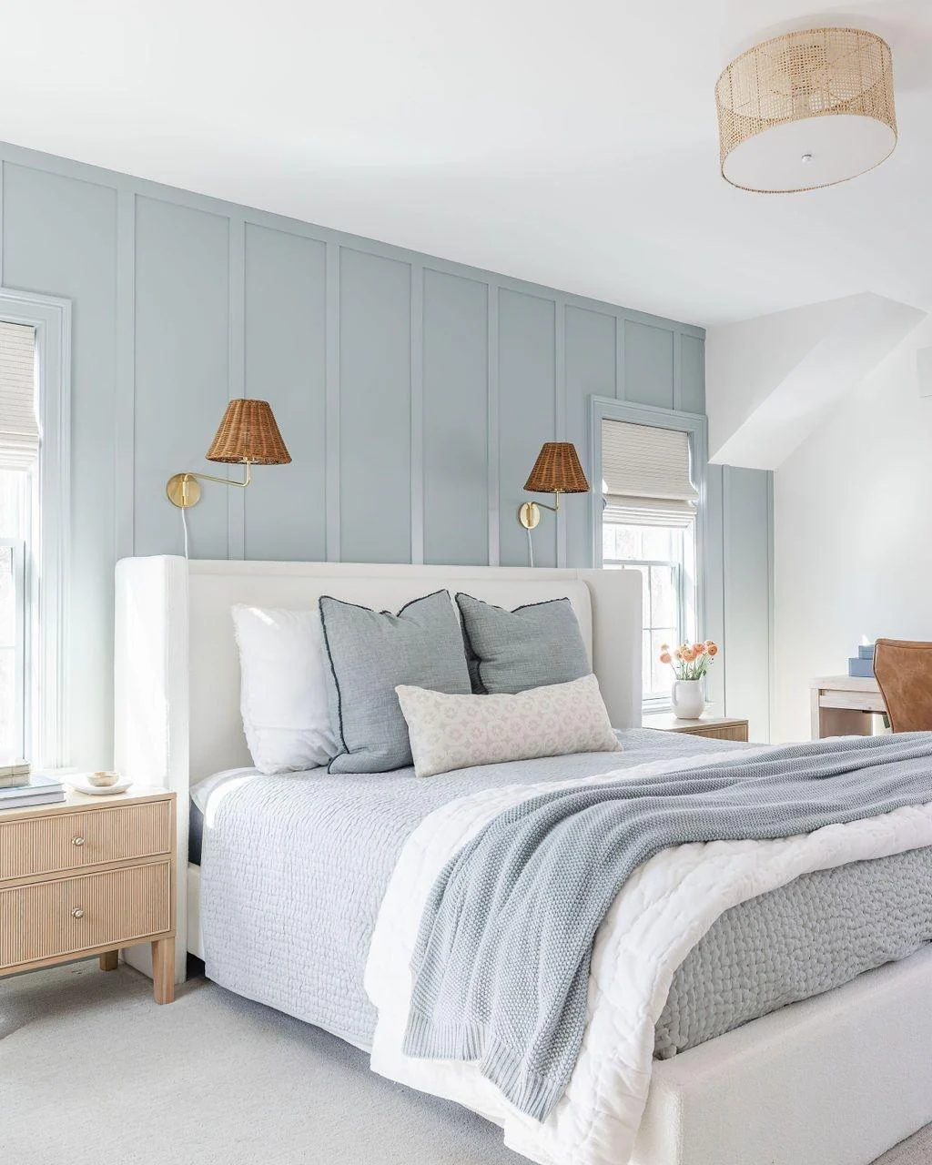 15. Pale Blue Paneling for an Airy Bedroom Accent (Accent Wall in Bedroom Ideas)