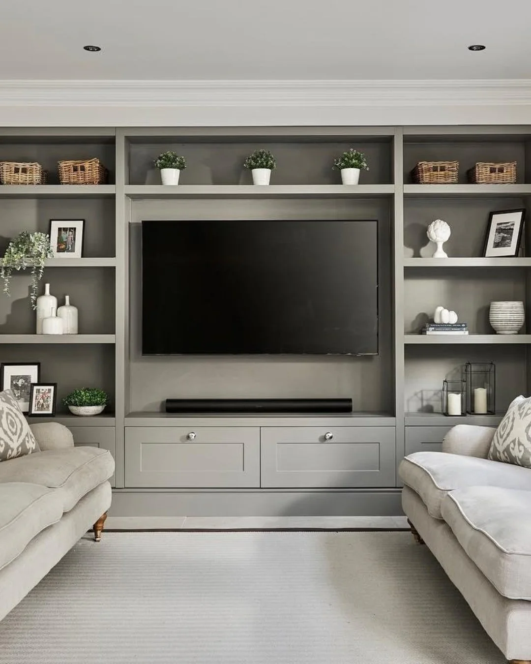13. Classic Grey Living Room with Built-In Media Wall (Grey Living Room Ideas)