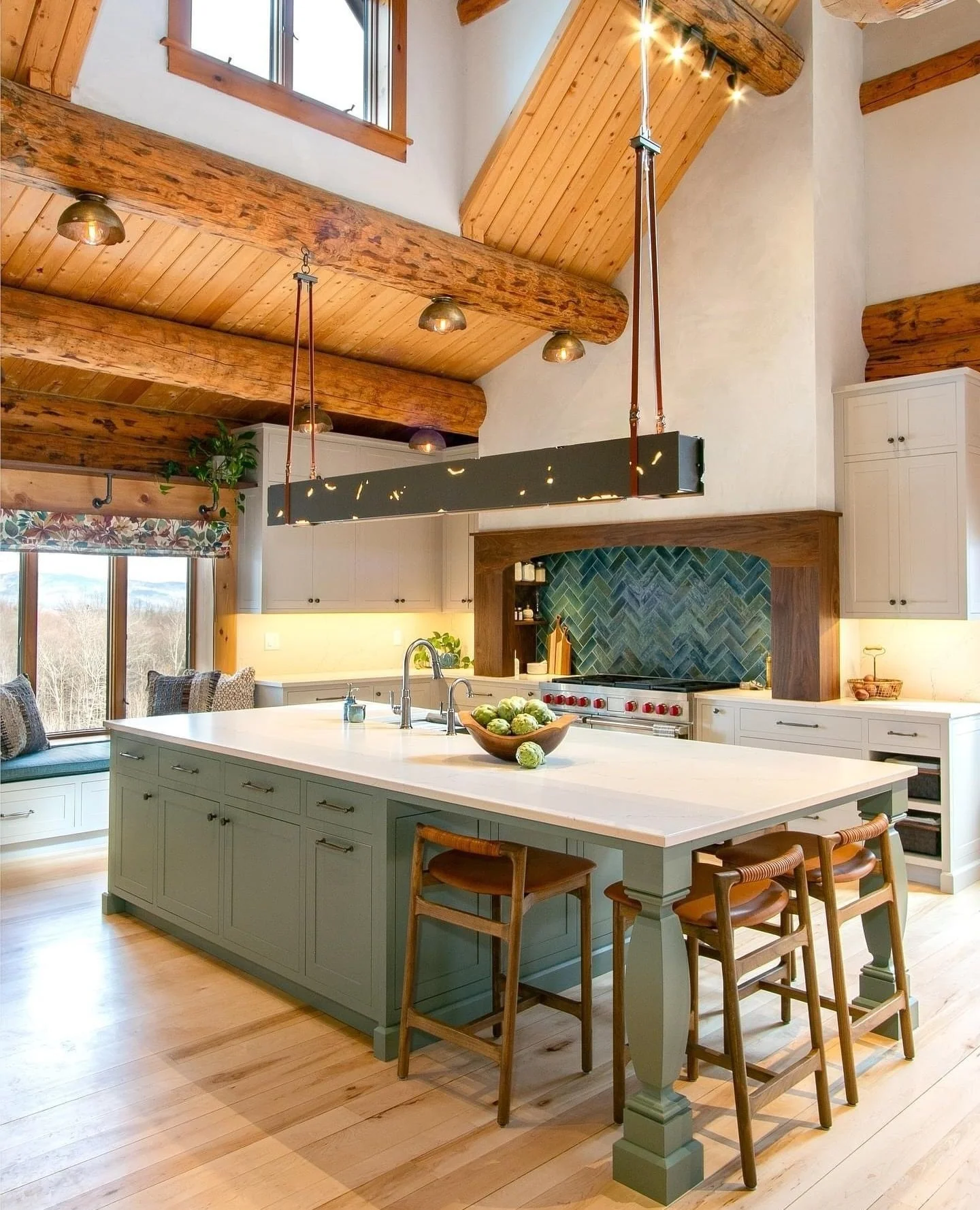 2. Rustic Timber Kitchen with Warm Green Island (Cabin Kitchen Ideas)