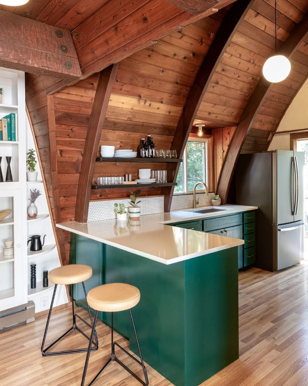 12. A-Frame Cabin Kitchen with Forest Green Island (Cabin Kitchen Ideas)