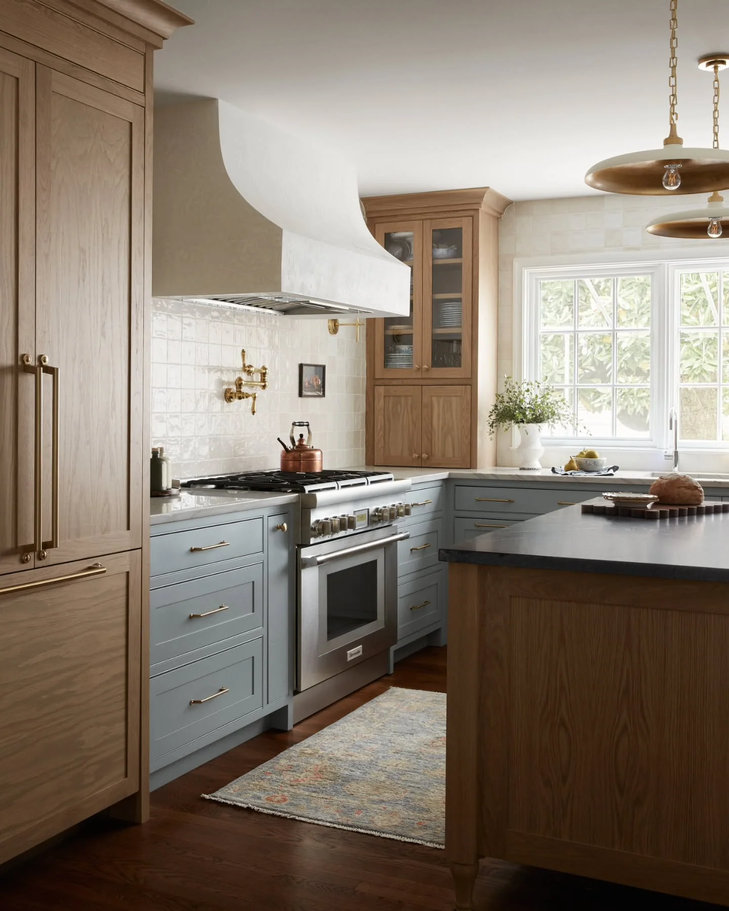 3. Natural Wood and Muted Blue Tall Kitchen Composition (Tall Kitchen Cabinets Ideas)