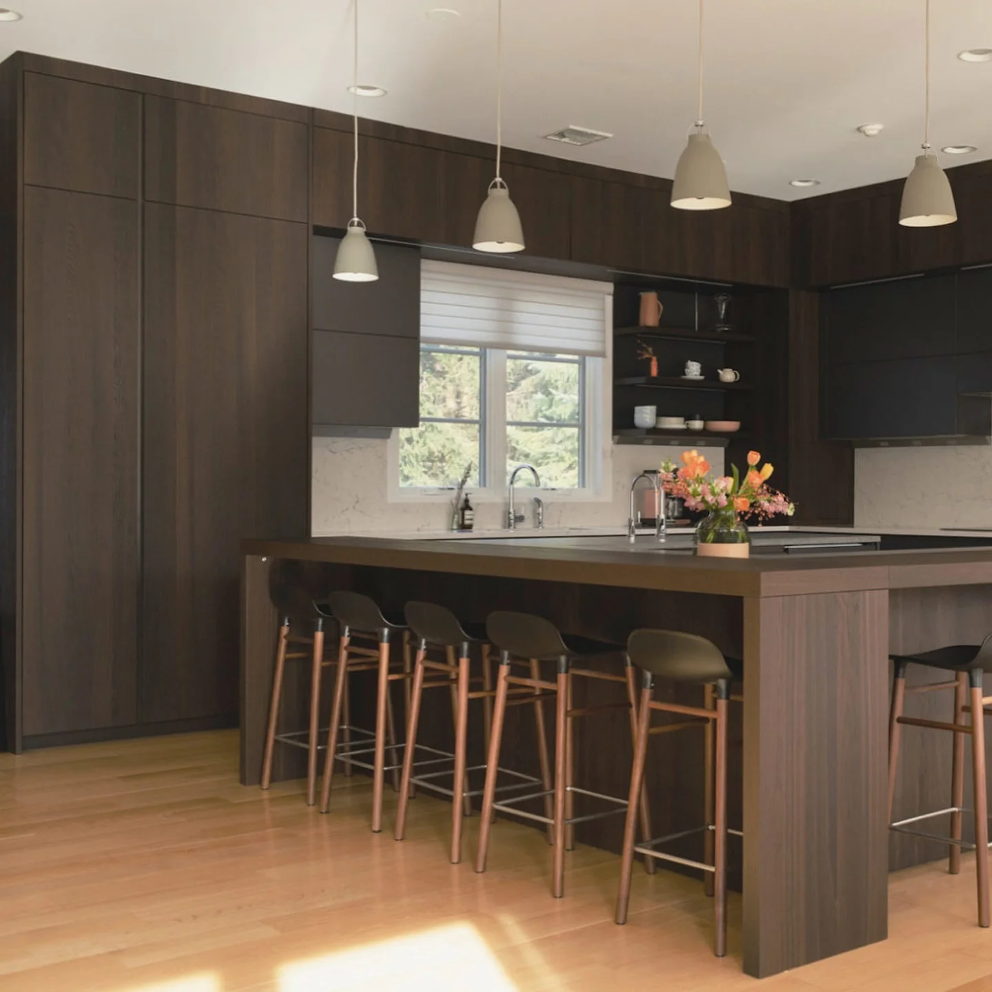 7. Dark Wood Tall Cabinets for a Modern Statement (Tall Kitchen Cabinets Ideas)