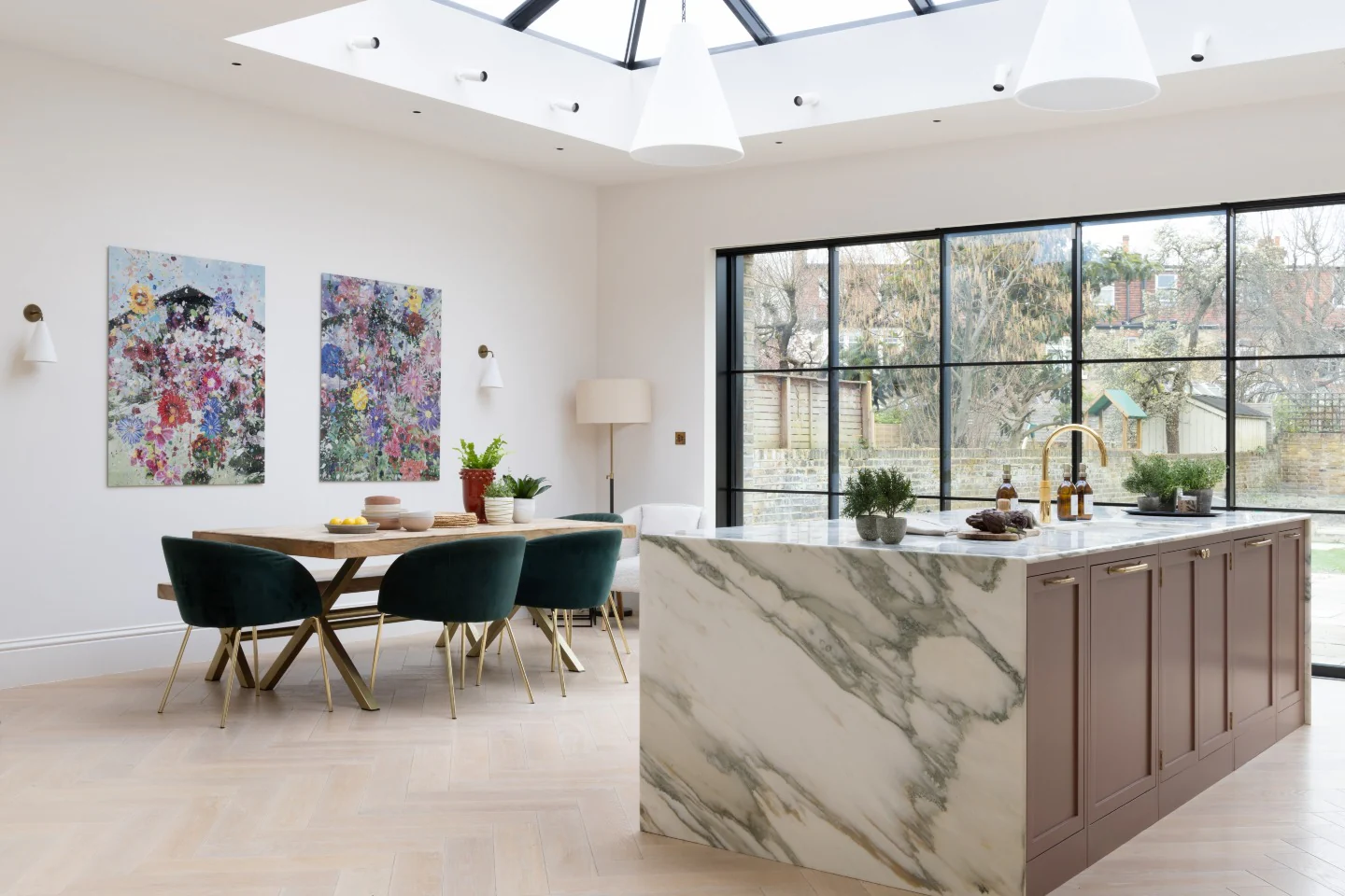 9. Soft Taupe Tall Cabinets with Marble Island (Tall Kitchen Cabinets Ideas)