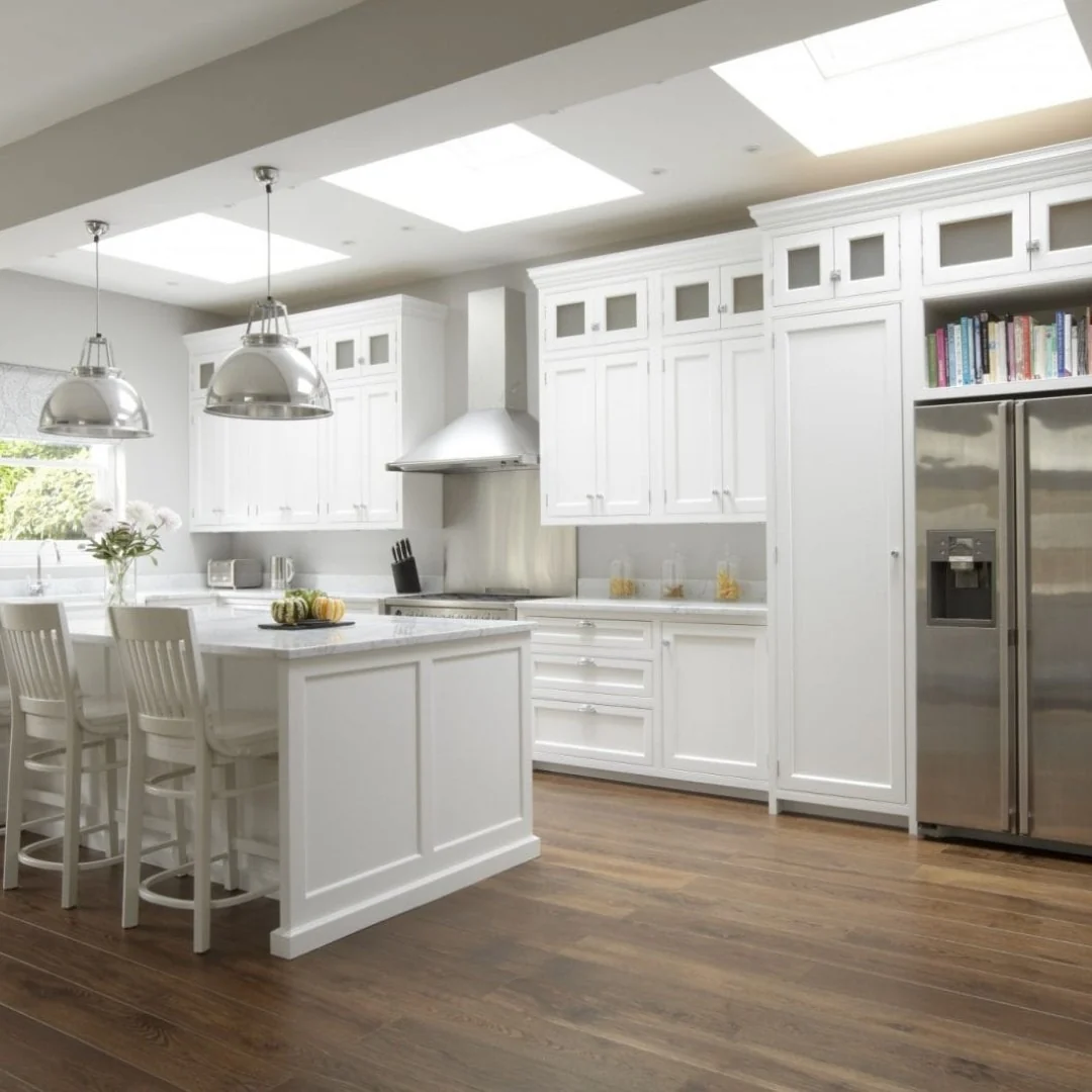 10. Traditional White Tall Cabinets with Glass Uppers (Tall Kitchen Cabinets Ideas)