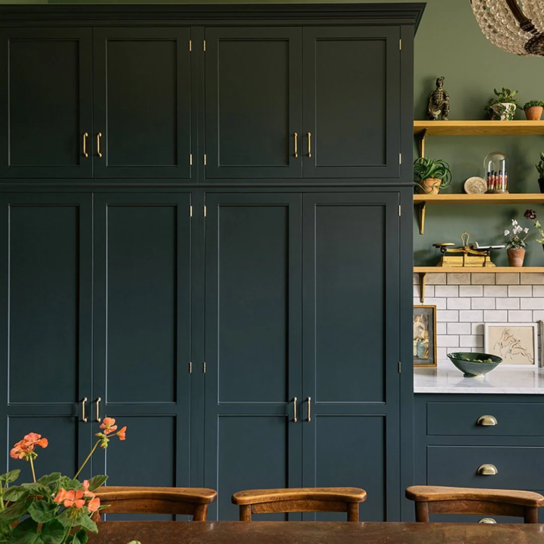 11. Deep Green Tall Cabinets with Brass Hardware (Tall Kitchen Cabinets Ideas)