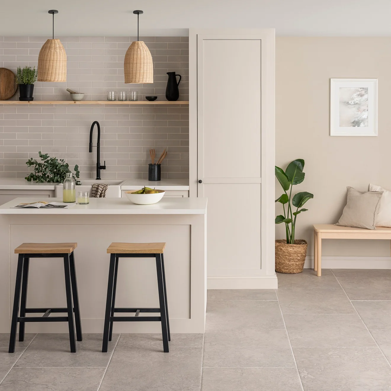 9. Soft Grey Floors with Natural Textures and Open Shelving (Grey Floor Kitchen Ideas)