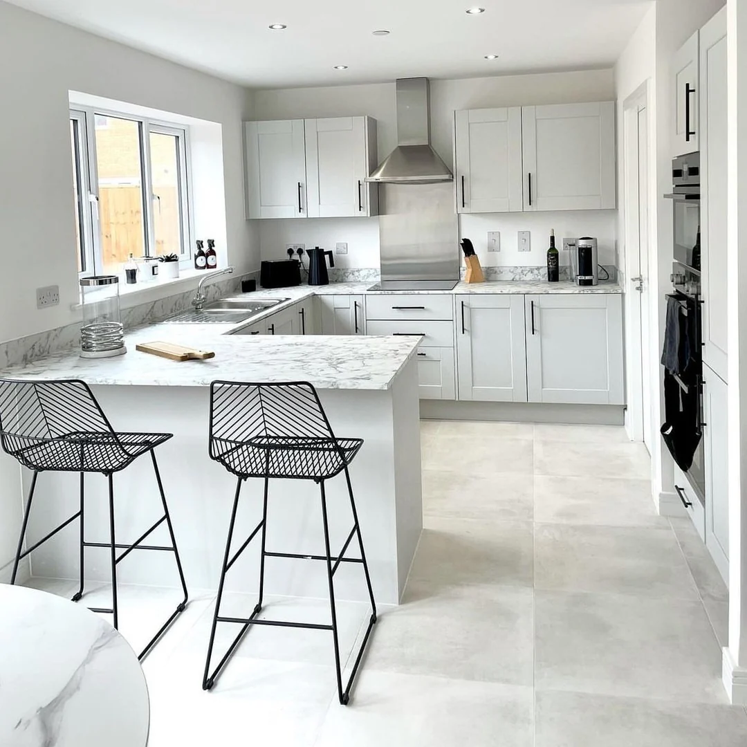 12. Light Grey Floors with Crisp White Shaker Cabinets (Grey Floor Kitchen Ideas)