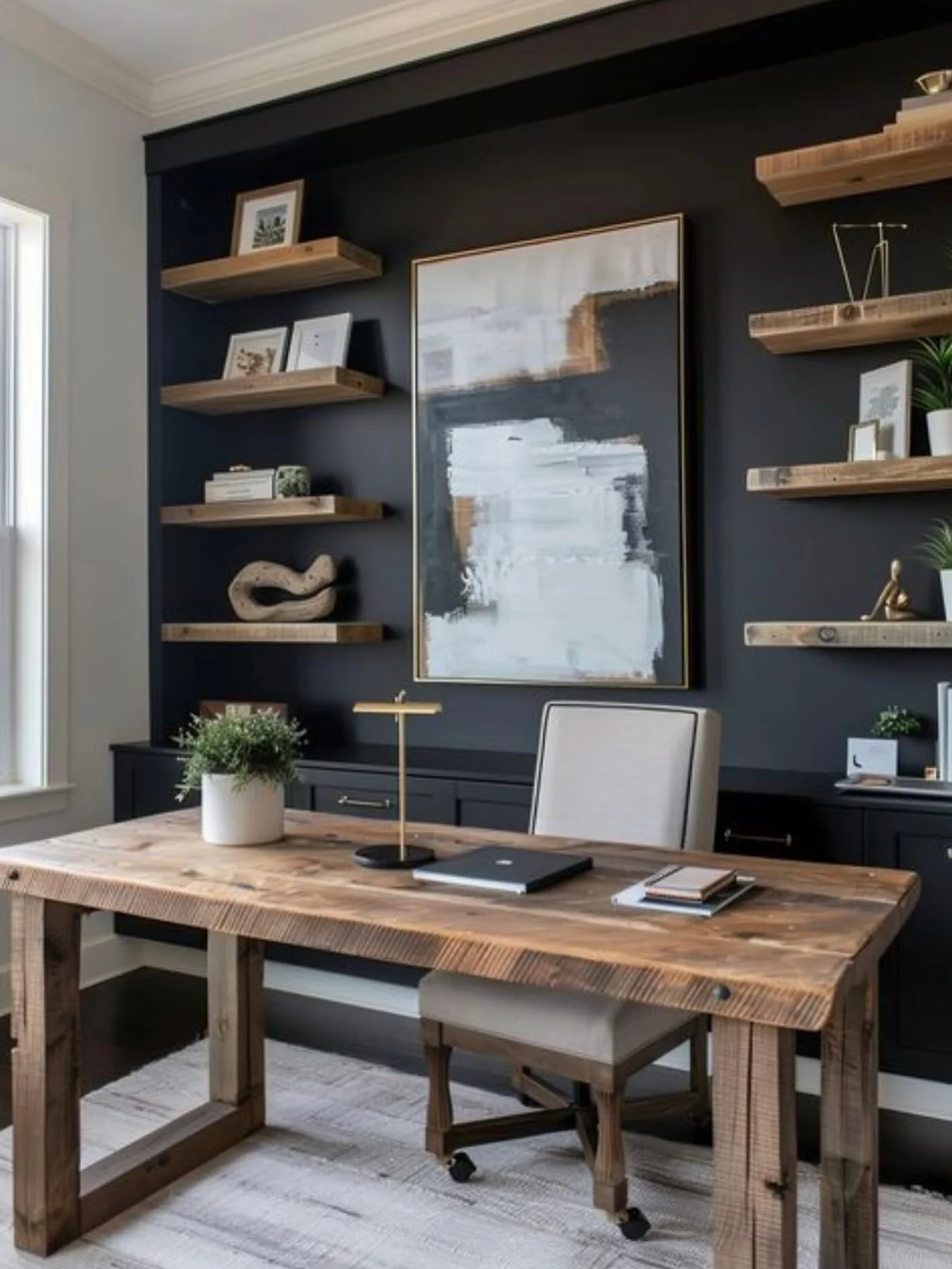 2. Matte Black Built-In Office with Natural Wood Accents (Moody Office Ideas)