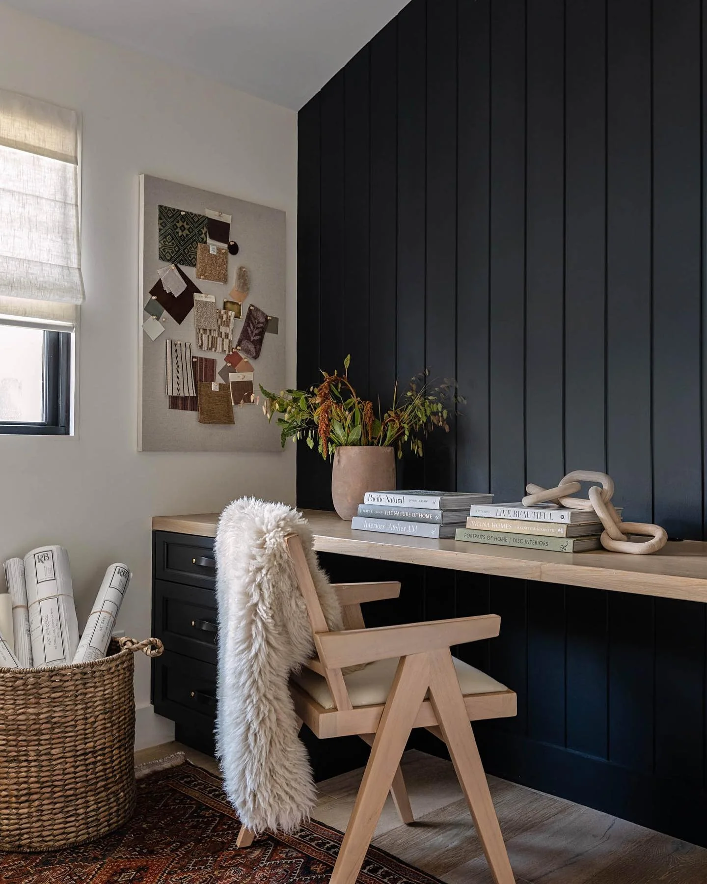 6. Black Slat Wall Office with Light Wood Furniture (Moody Office Ideas)