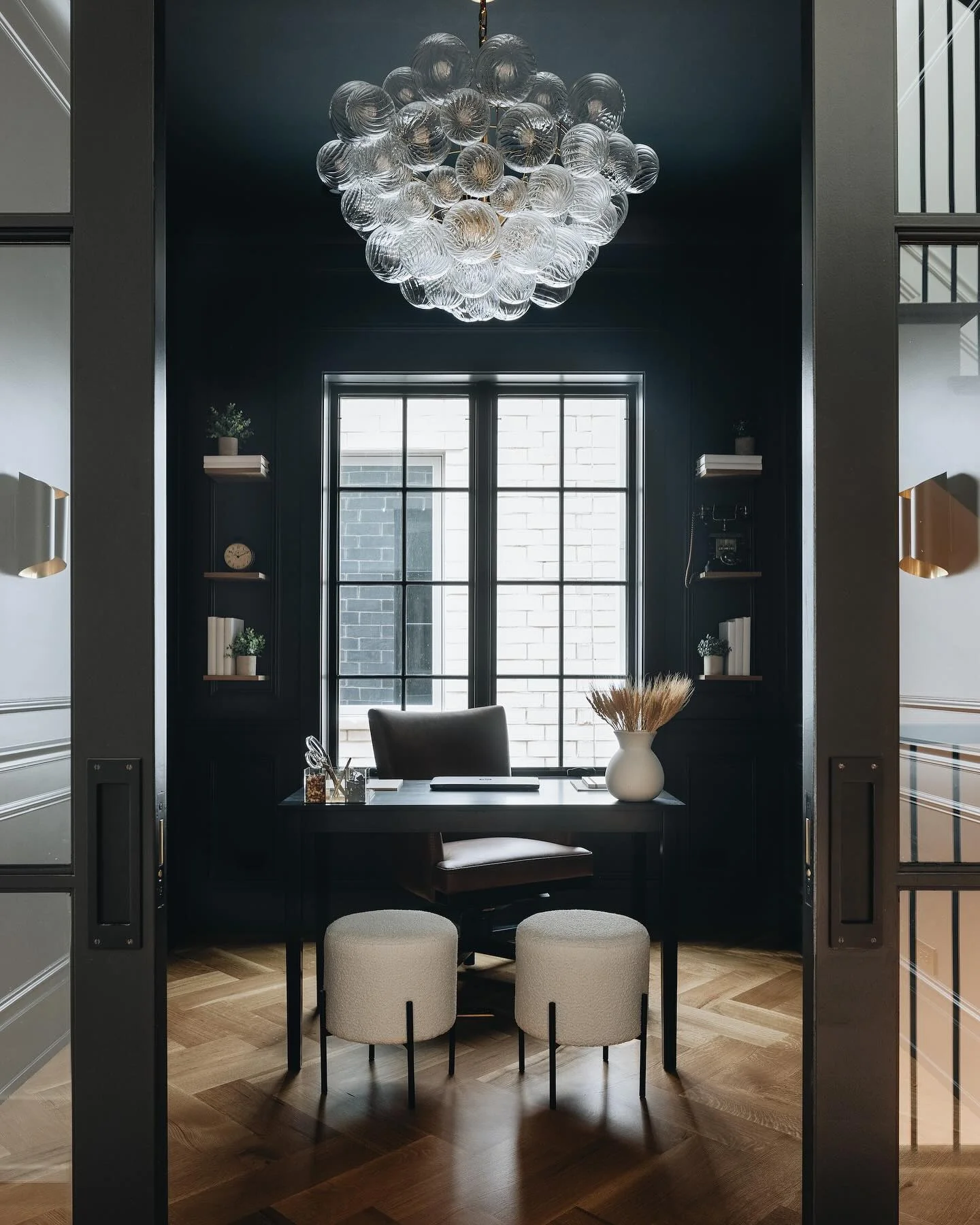 5. Black Alcove Office with Sculptural Lighting (Moody Office Ideas)