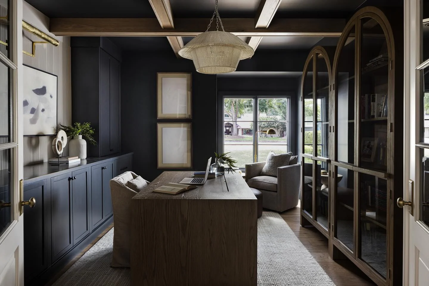 11. Moody Navy Office with Warm Wood Ceiling Beams (Moody Office Ideas)