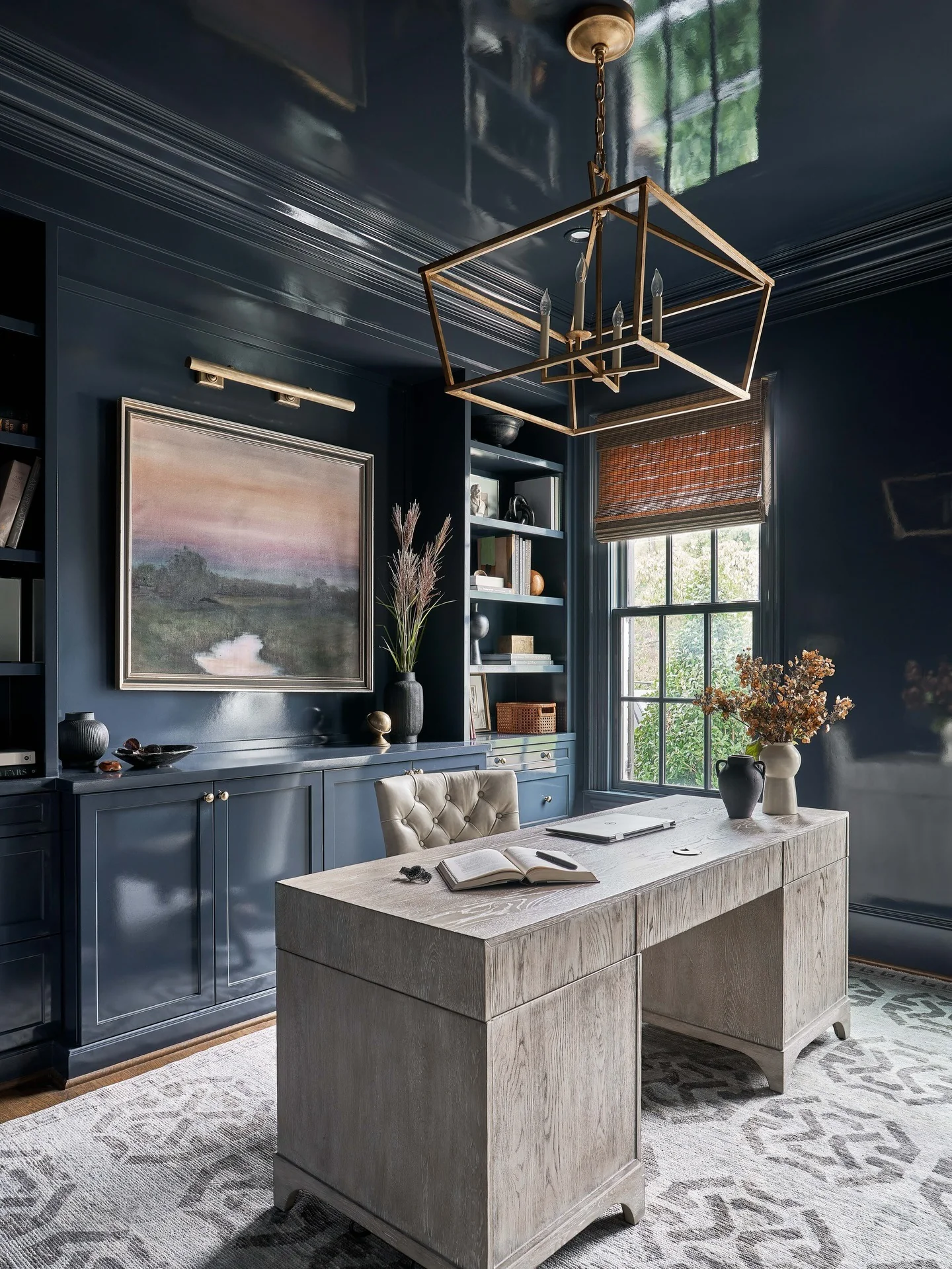 12. High-Gloss Navy Office with Brass Lantern Lighting (Moody Office Ideas)