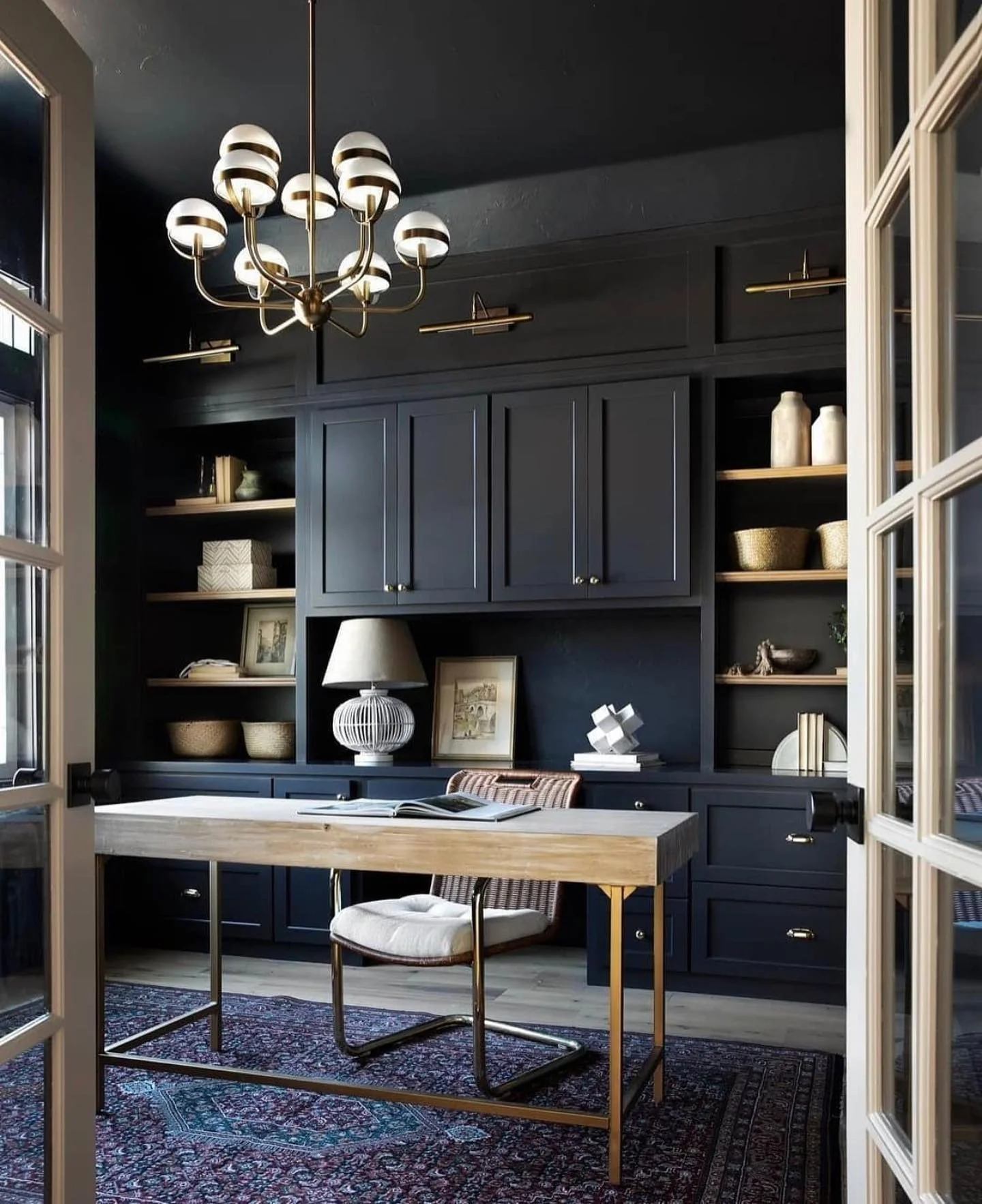 10. Classic Navy Built-In Office with Patterned Rug (Moody Office Ideas)