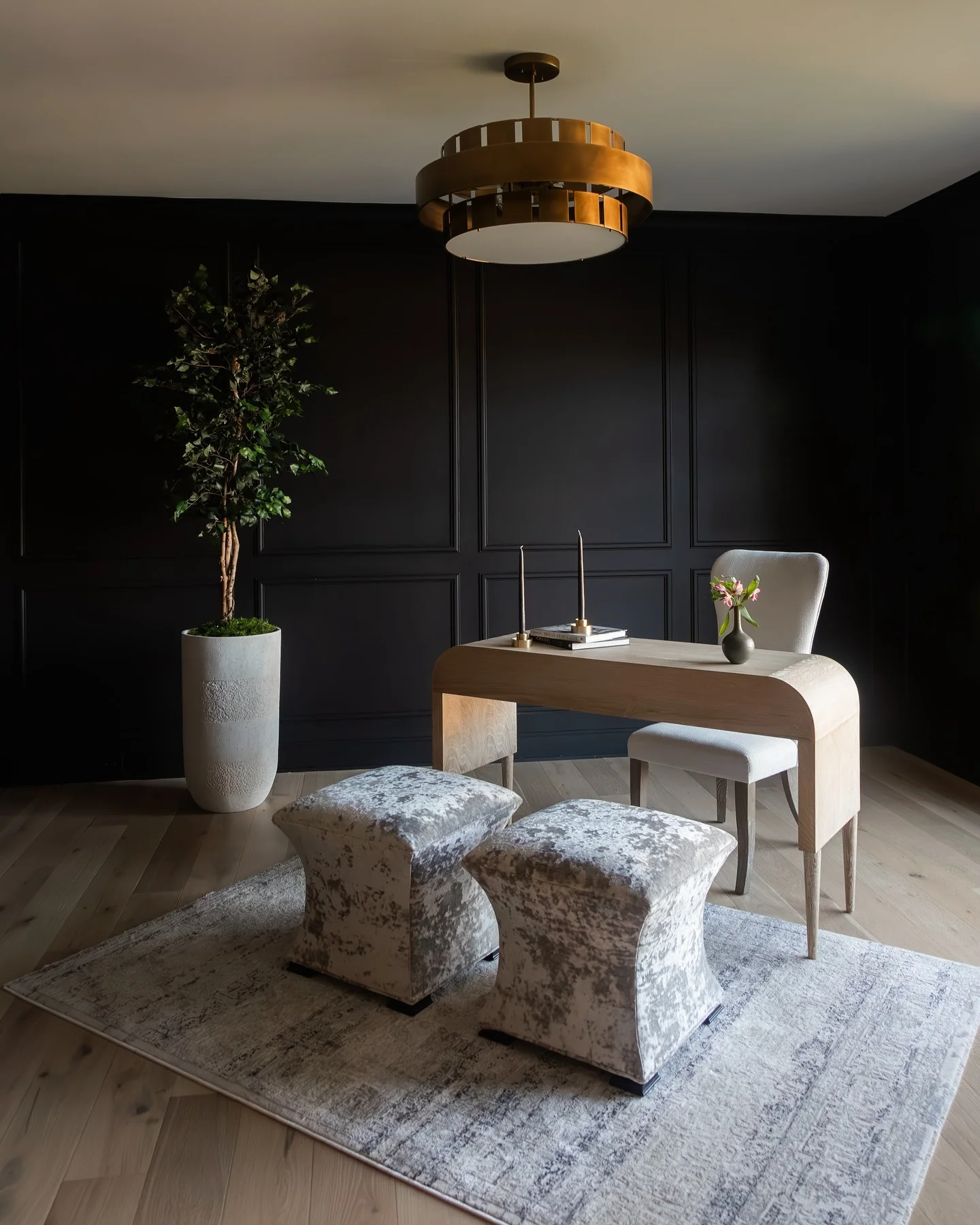 14. Black Paneled Office with Sculptural Wood Desk (Moody Office Ideas)