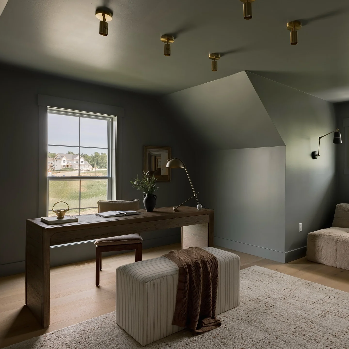 13. Soft Charcoal Attic Office with Brass Accents (Moody Office Ideas)