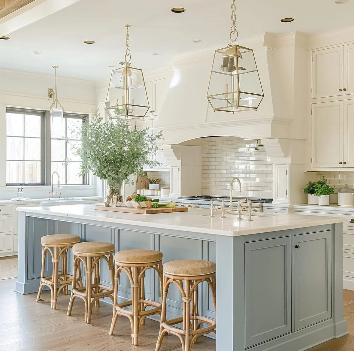 4. Pale Blue Island with Tailored White Millwork (Coastal Kitchen Ideas)