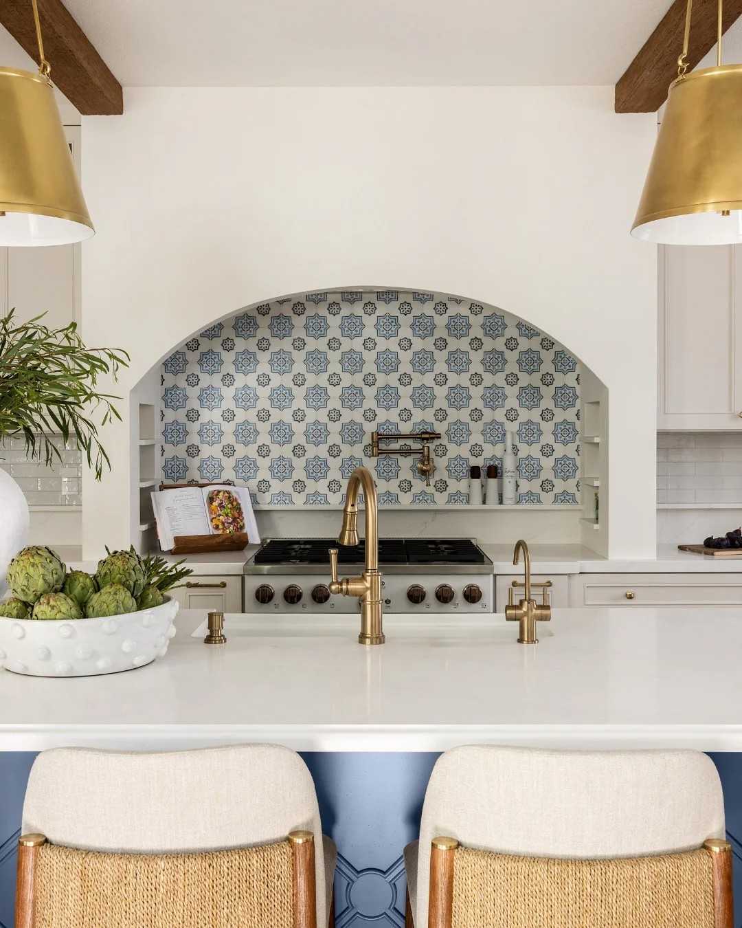 7. White Kitchen with Subtle Blue Backsplash (Coastal Kitchen Ideas)