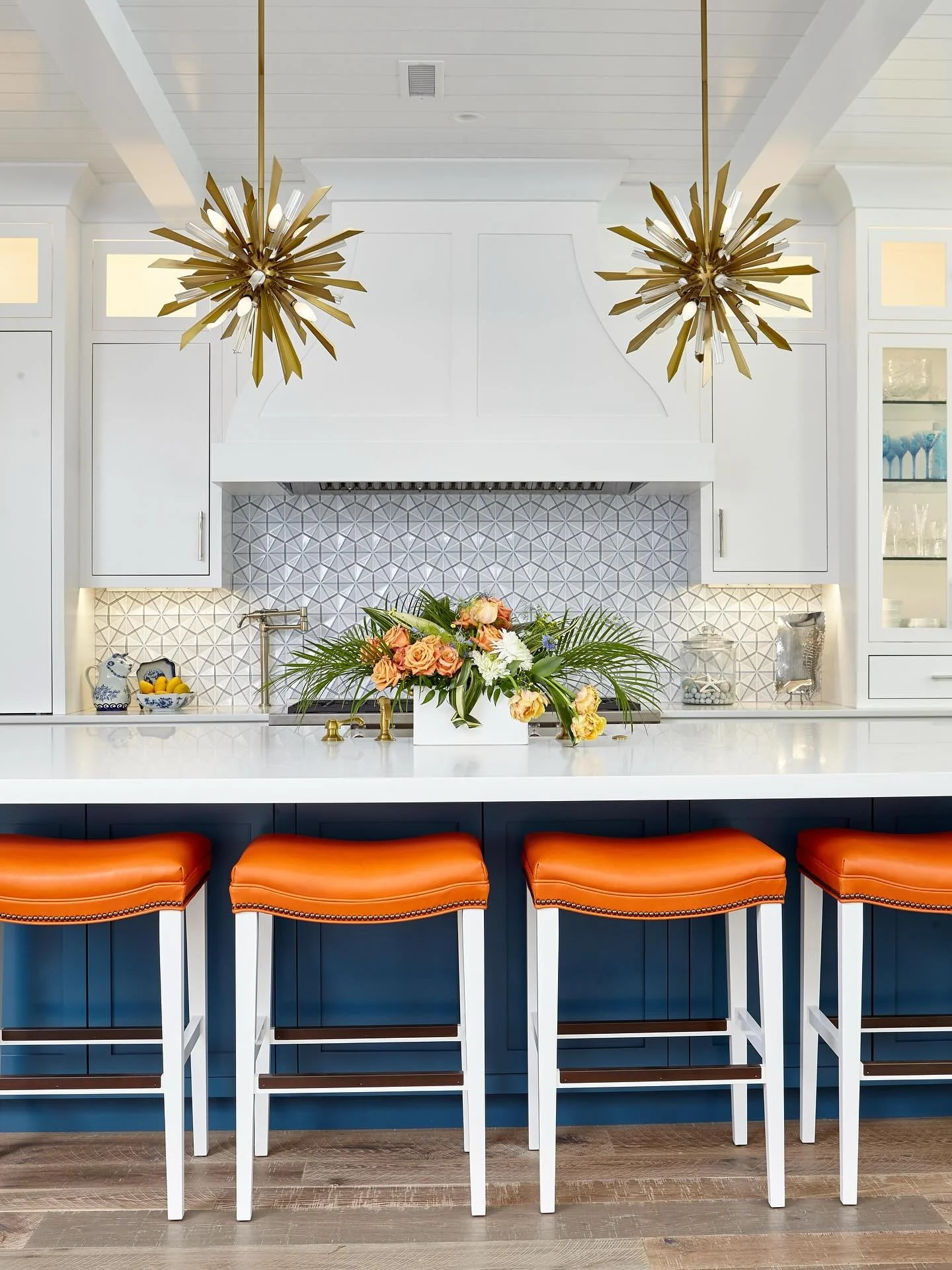 6. Light Blue Island with Glass Pendant Details (Coastal Kitchen Ideas)