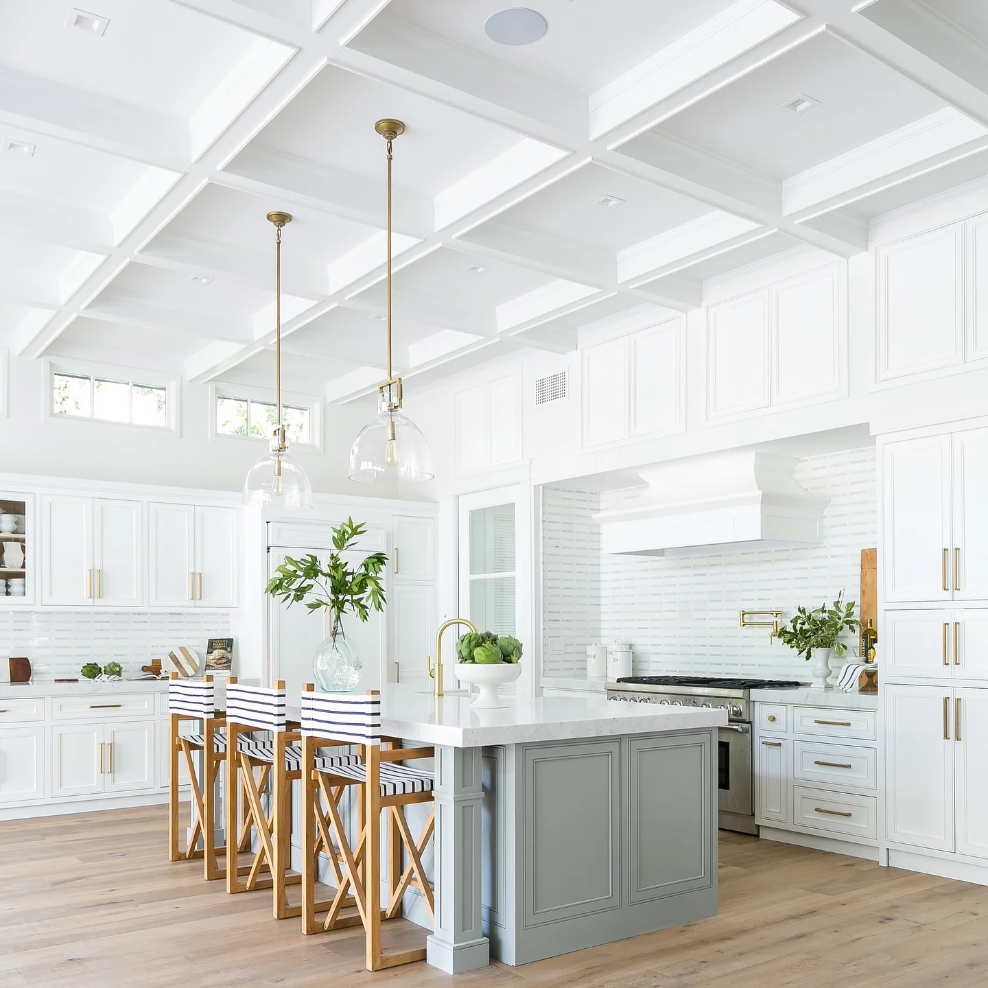 12. White Kitchen with Coffered Ceiling and Gray Island (Coastal Kitchen Ideas)