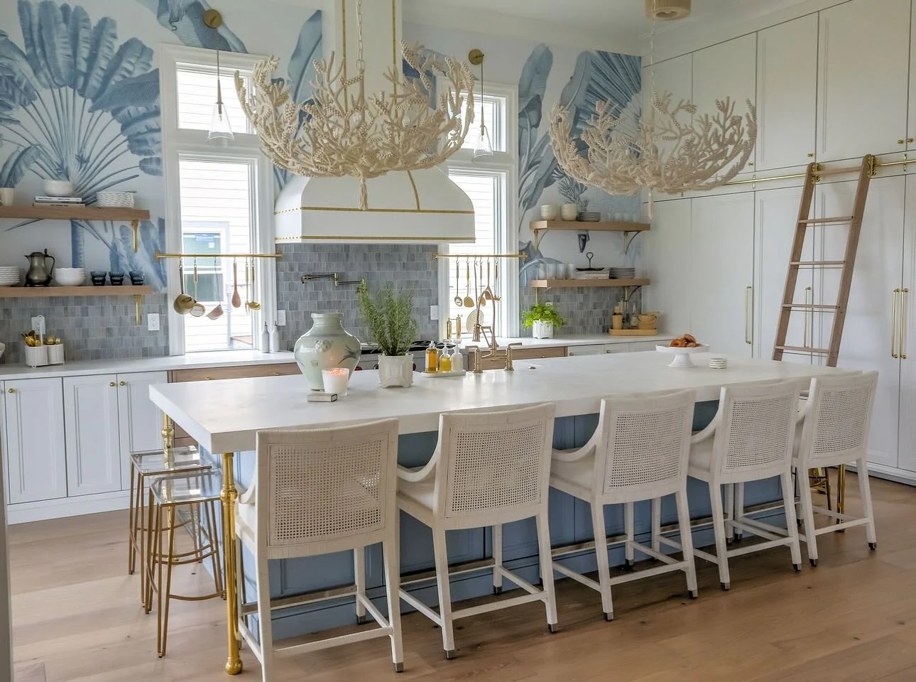 13. Coastal Blue Island with Coral-Inspired Lighting (Coastal Kitchen Ideas)