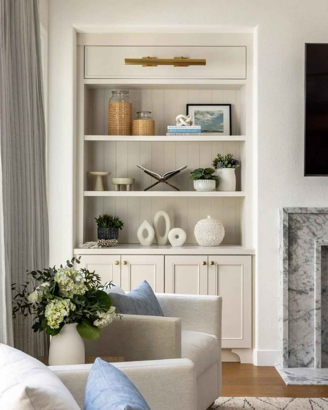 7. Refined Built-In Living Room in Soft White and Natural Wood (Living Room Design Ideas)