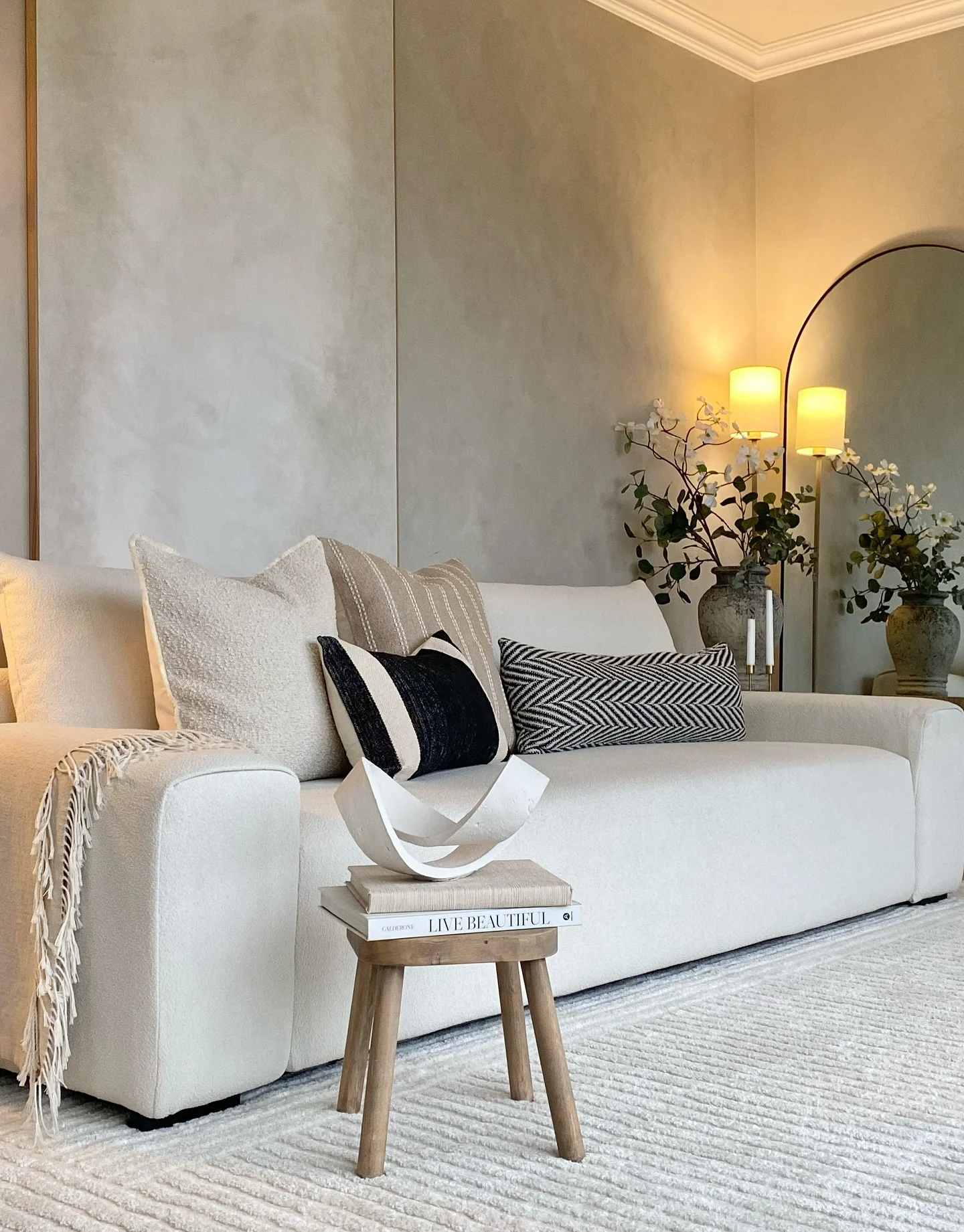 13. Textured Minimal Living Room in Ivory and Natural Wood (Living Room Design Ideas)