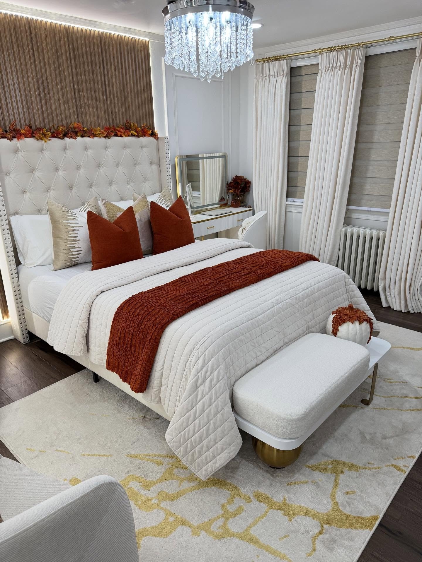 10. Glam Neutral Bedroom with Rust Accents (Adult Bedroom Ideas)