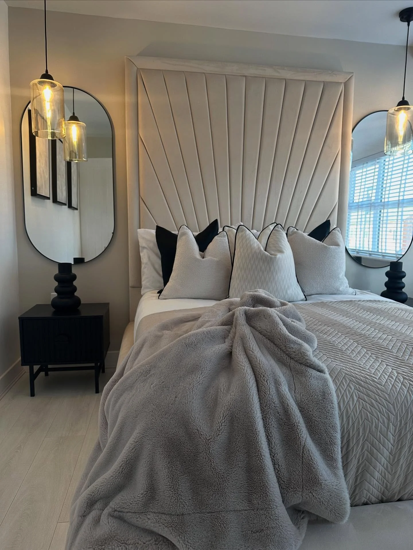 7. Sculptural Neutral Bedroom with Statement Headboard (Adult Bedroom Ideas)