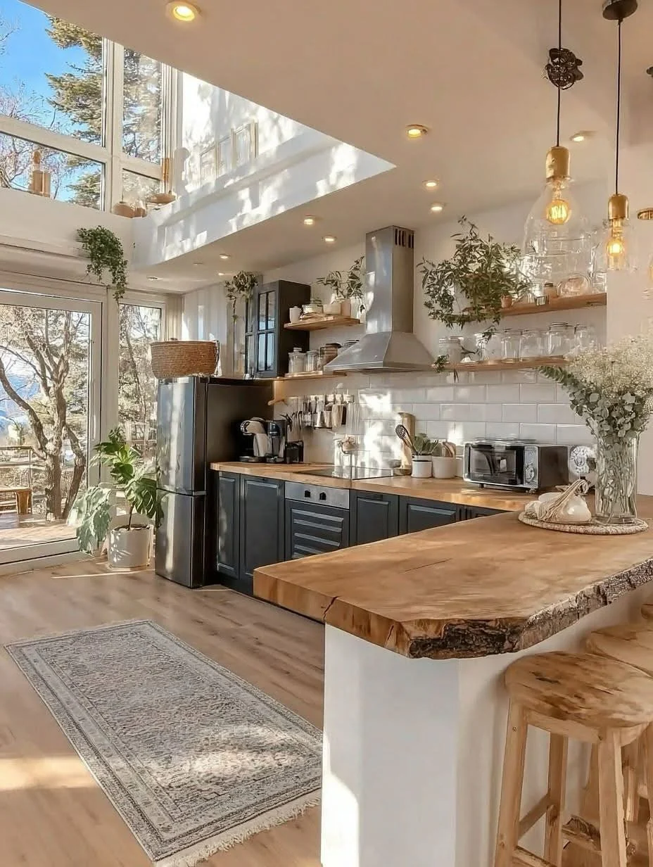 13. Airy Modern Kitchen with Natural Wood and Black Accents (High Ceiling Kitchen Ideas)