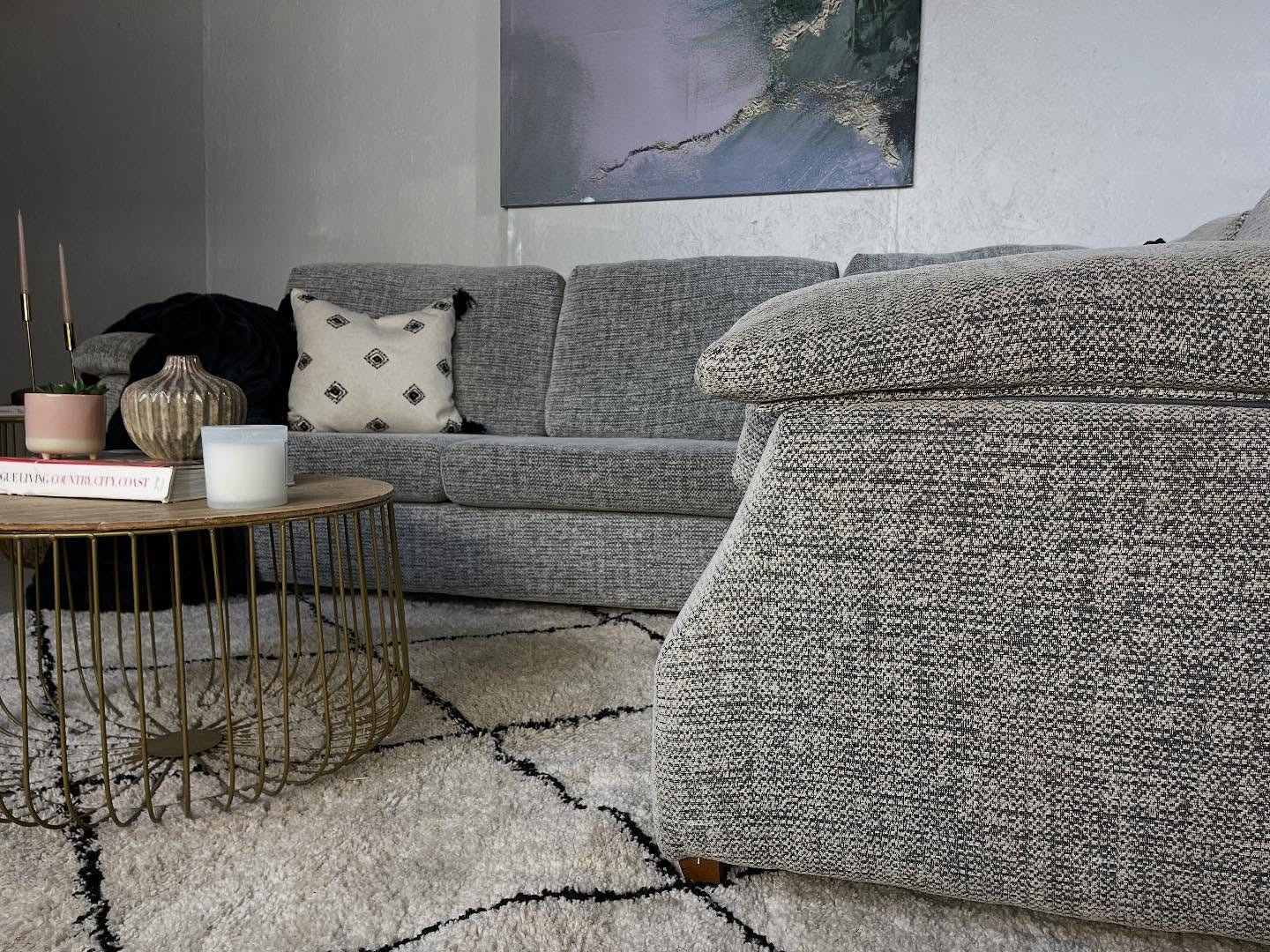 4. Textured Grey with Soft Metallic Touches (Grey Sofa Living Room Ideas)