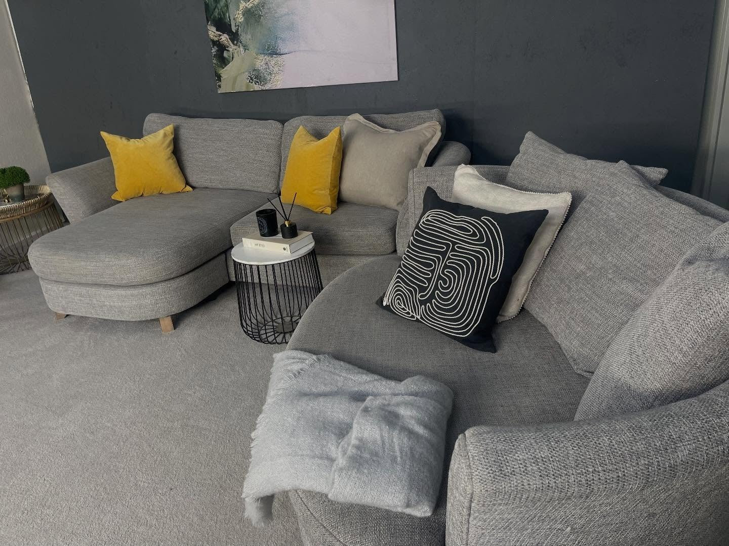 2. Relaxed Grey with Mustard Accents (Grey Sofa Living Room Ideas)