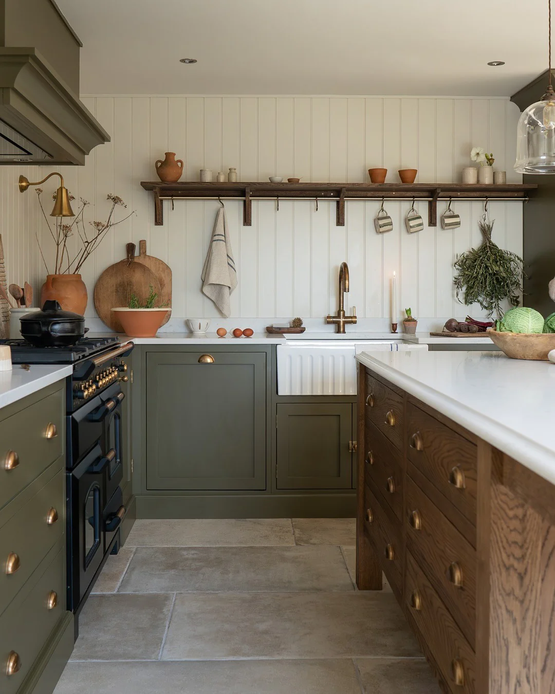 2. Soft Olive Shaker Kitchen with Rustic Wood Details (Green and Wood Kitchen Ideas)