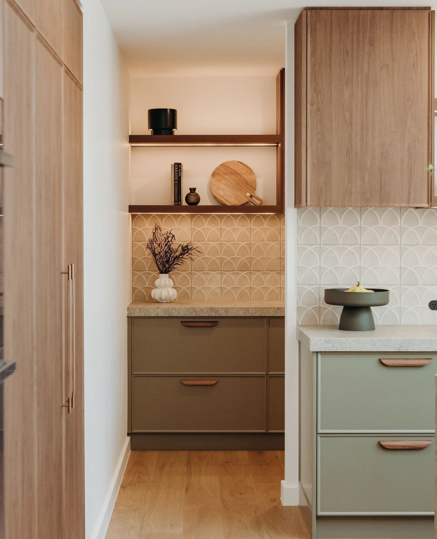 5. Two-Tone Green and Wood with Modern Tile Detail (Green and Wood Kitchen Ideas)