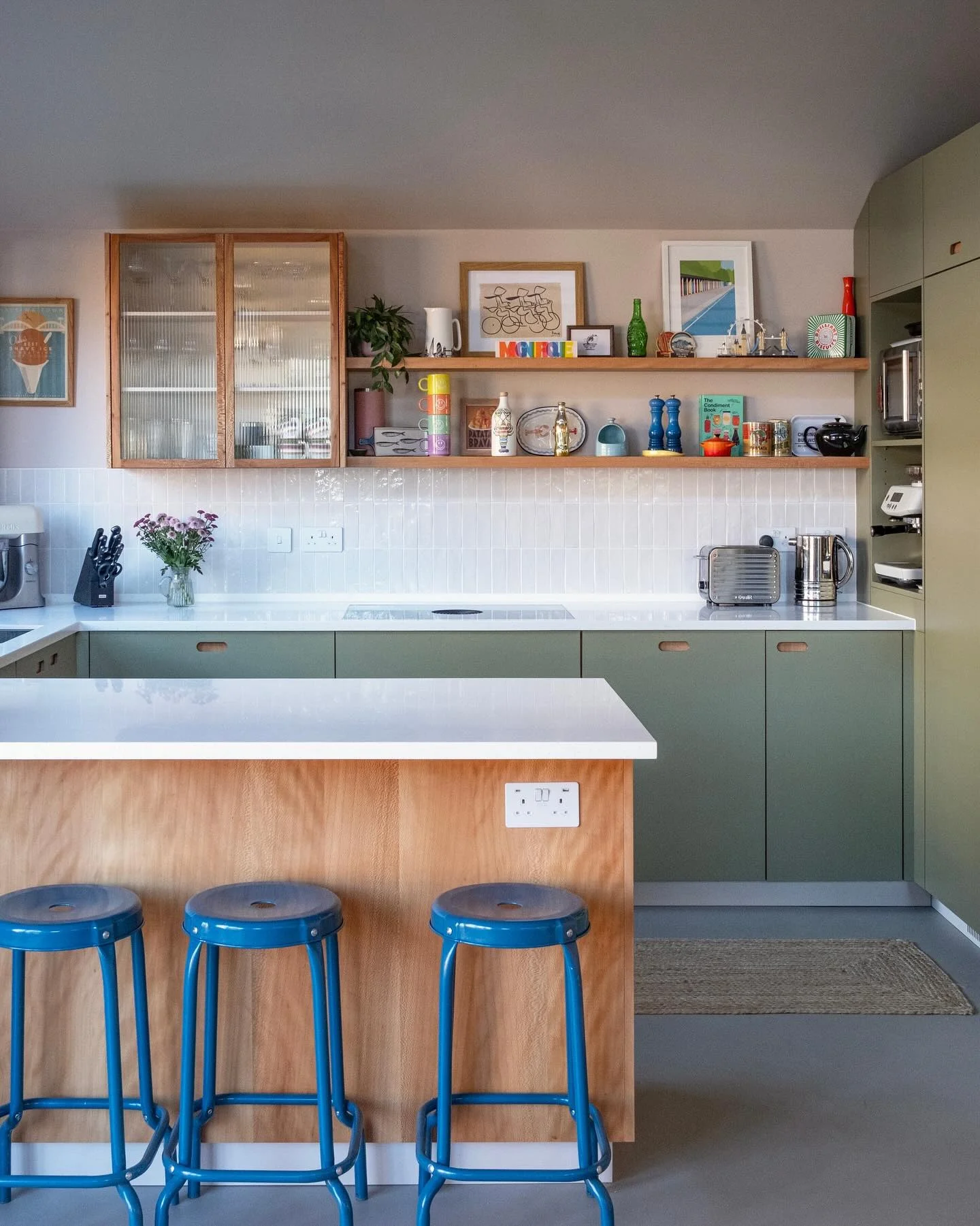 7. Sage Green and Oak Kitchen with Open Shelving (Green and Wood Kitchen Ideas)