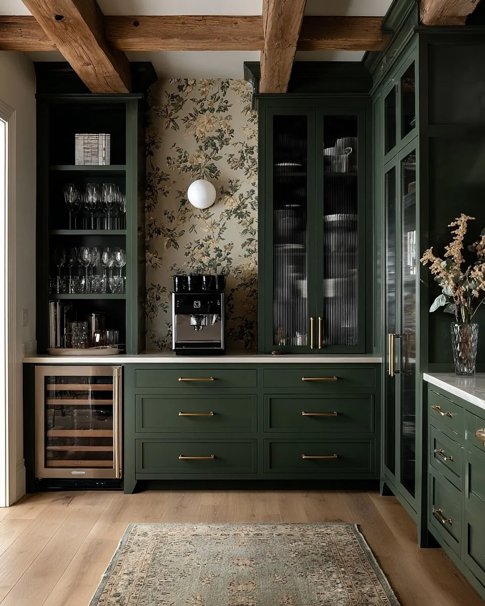 6. Dark Green Built-In Storage with Traditional Character (Green and Wood Kitchen Ideas)