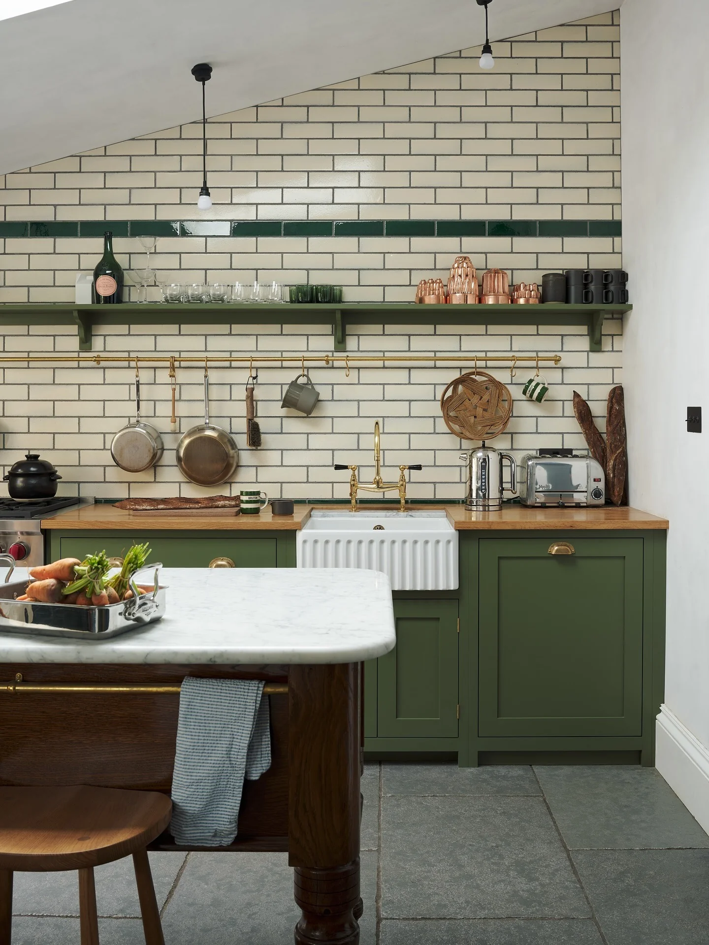 11. Classic Green Cabinetry with Brick Tile and Wood Worktops (Green and Wood Kitchen Ideas)
