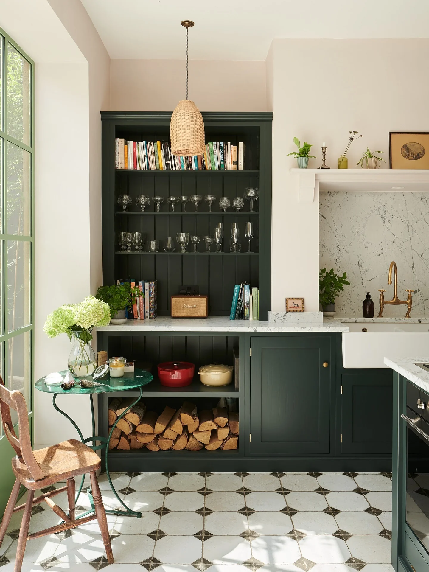 10. Classic Green Cabinetry with Wood and Marble Touches (Green and Wood Kitchen Ideas)