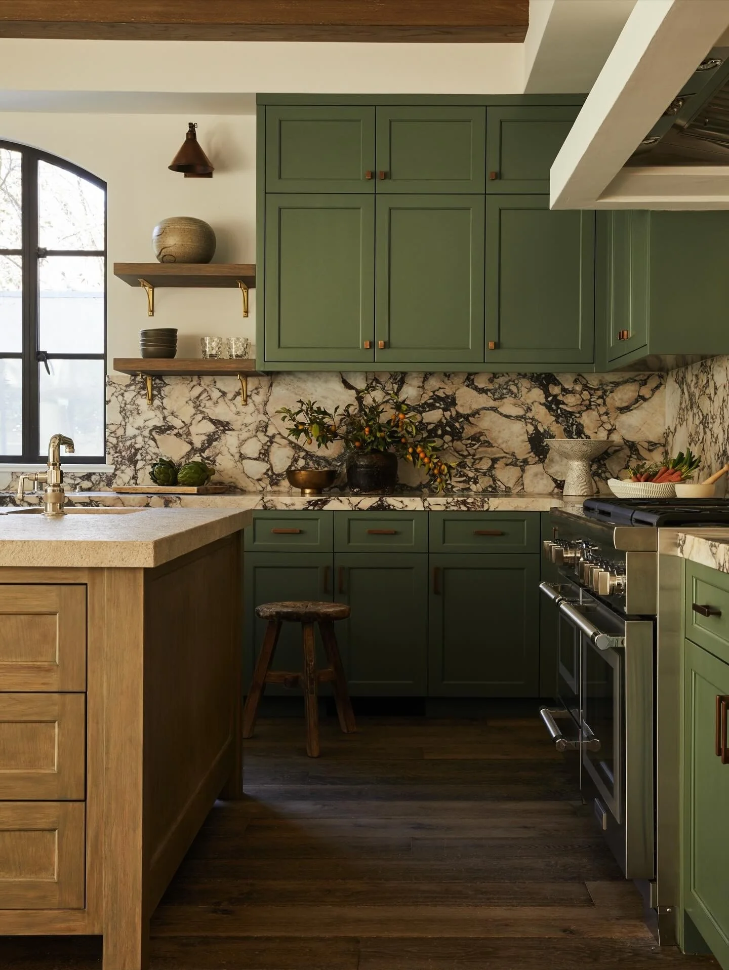 16. Olive Green Cabinetry with Marble and Wood Contrast (Green and Wood Kitchen Ideas)